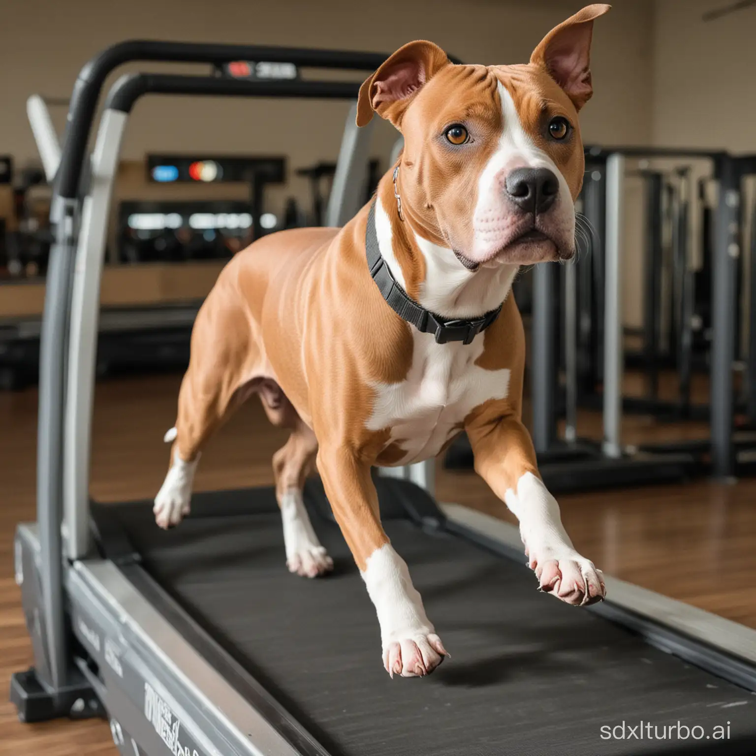 A American Staffordshire Terrier running on a treadmill, in the gym