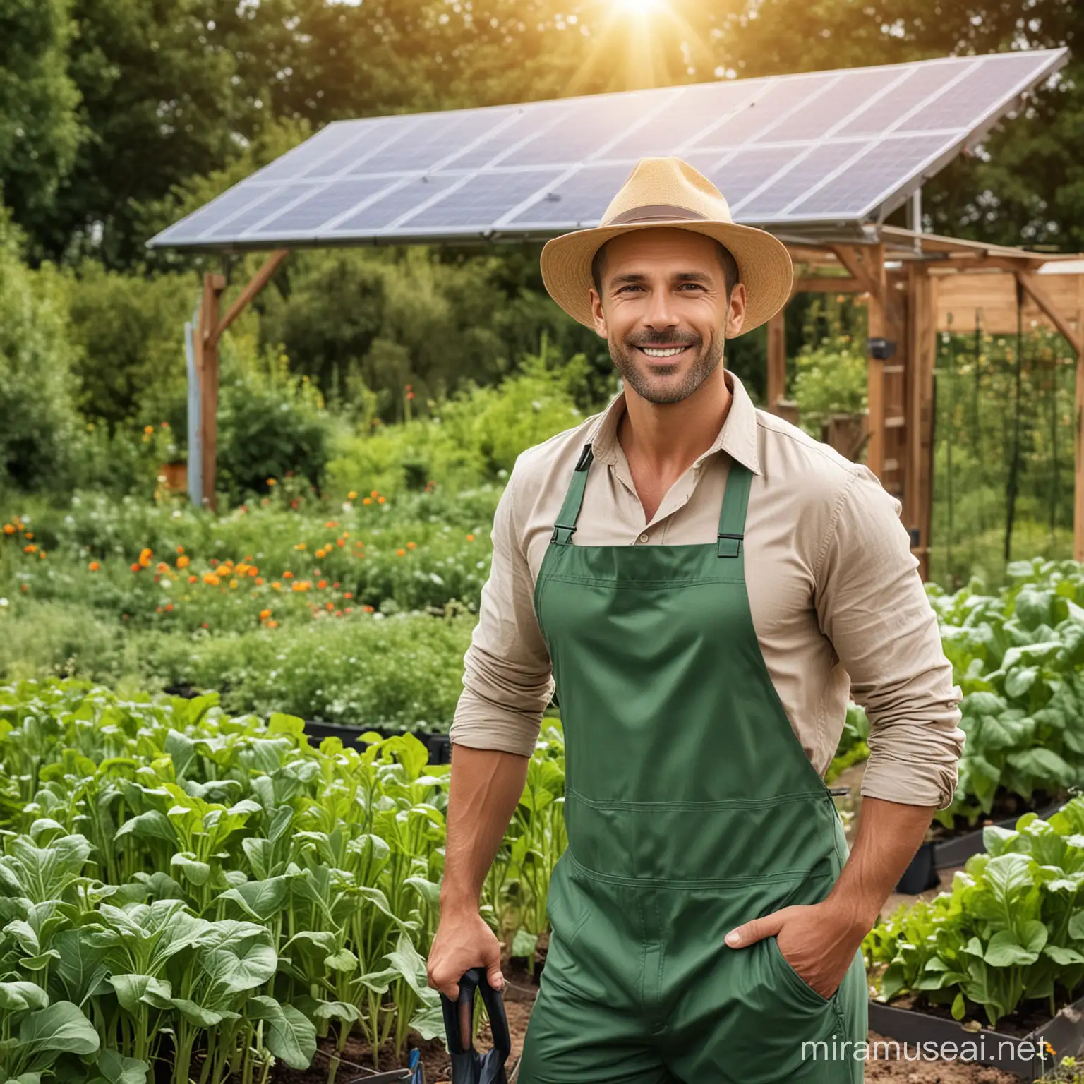 a handsome man in gardening clothes on his background is Solar-Powered vegetable Garden