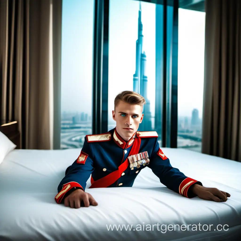 Seductive-Russian-Honor-Guard-Soldier-Posing-Against-Burj-Khalifa