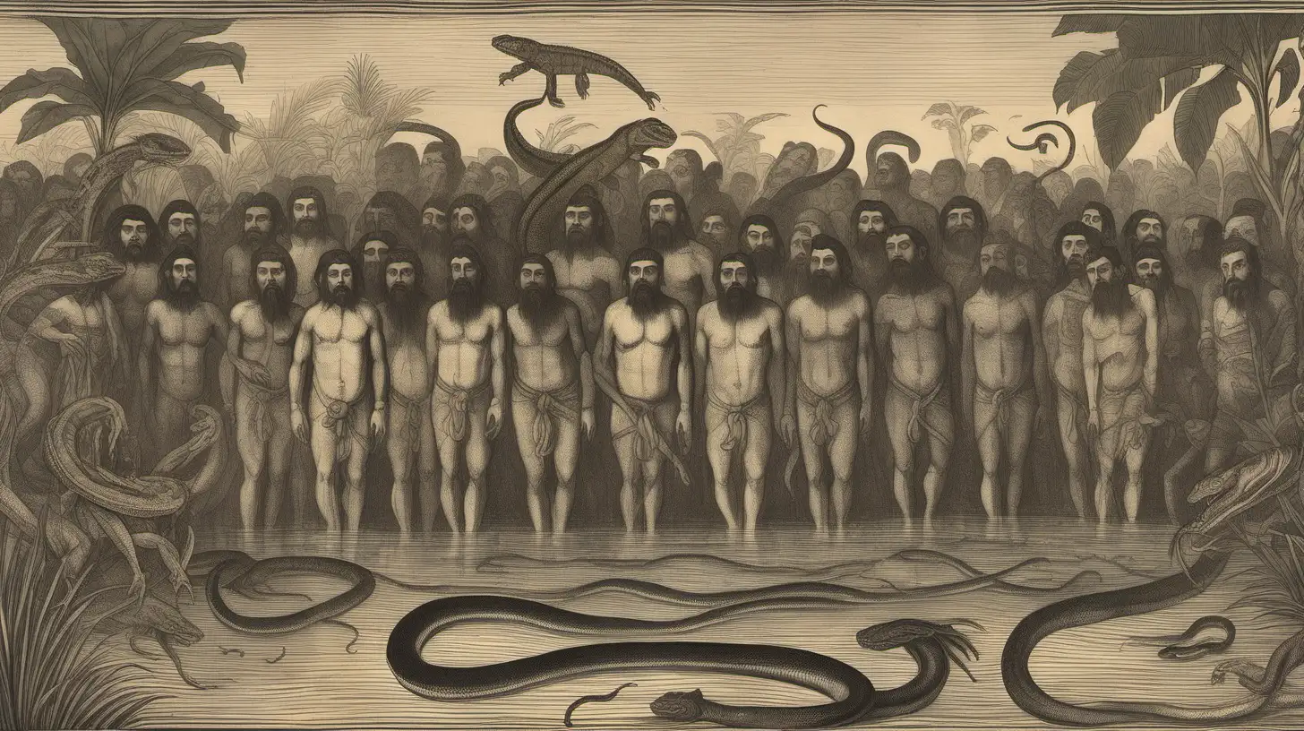 A group of fifteen 16th century Spanish men are submerged in the waters of the amazon river. We see them, plane view, from above. They have long black hair and long beards braided with snakes. Their bodies are facing up, looking at the sky. They are inside the water of the Amazon river. The men's bodies are merging into a mass of limbs, hair, and lizards. It is raining and the scene is very humid, they're surrounded by wet jungle. In the style of theodore de bry, without any text captions. 