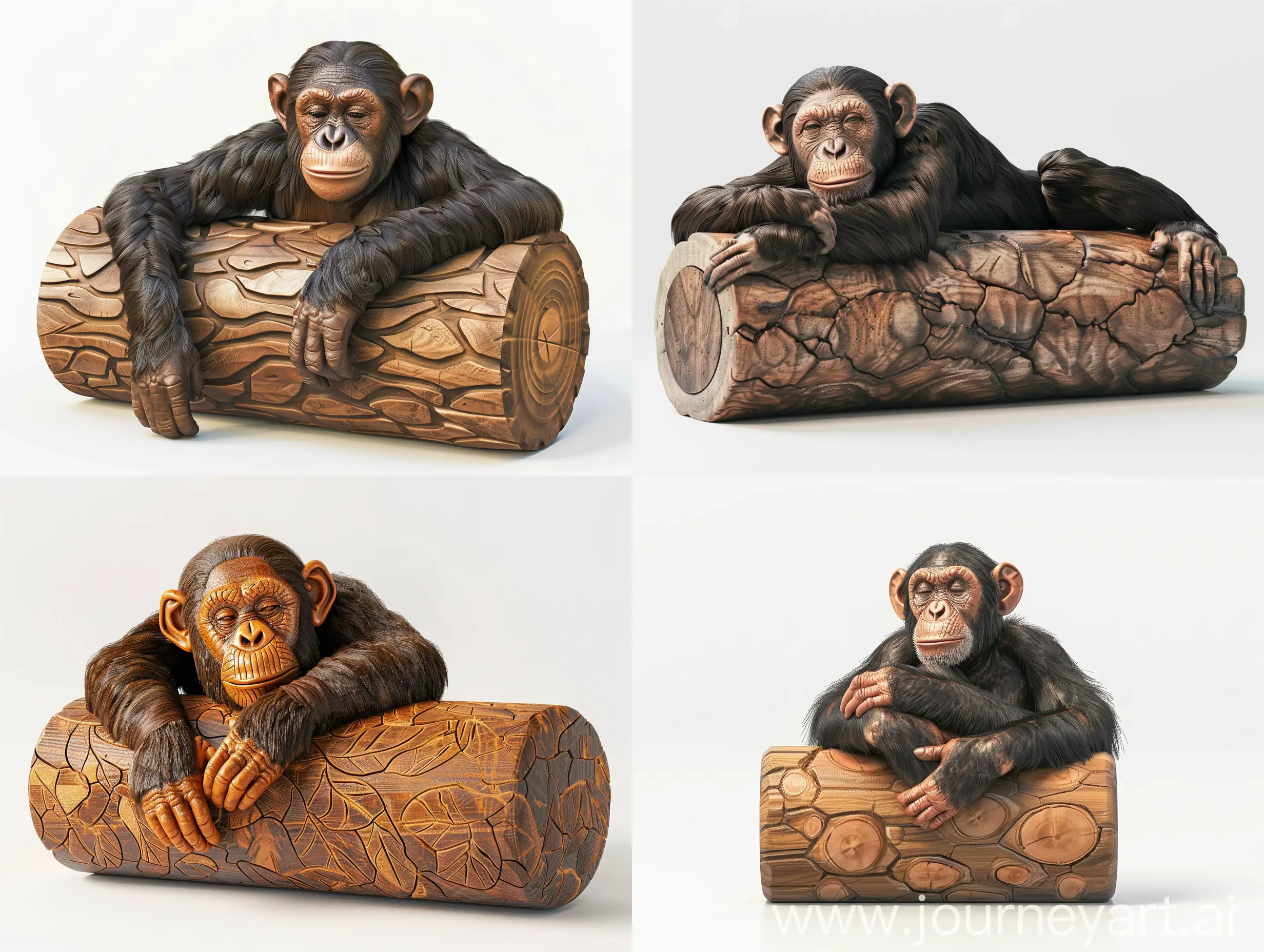Professional sketch for wooden sculpture, a full-length a chimpanzee resting on a cylinder full-face and in profile, professional dynamic character, wood carving, white background, 8k Render, ultra realistic