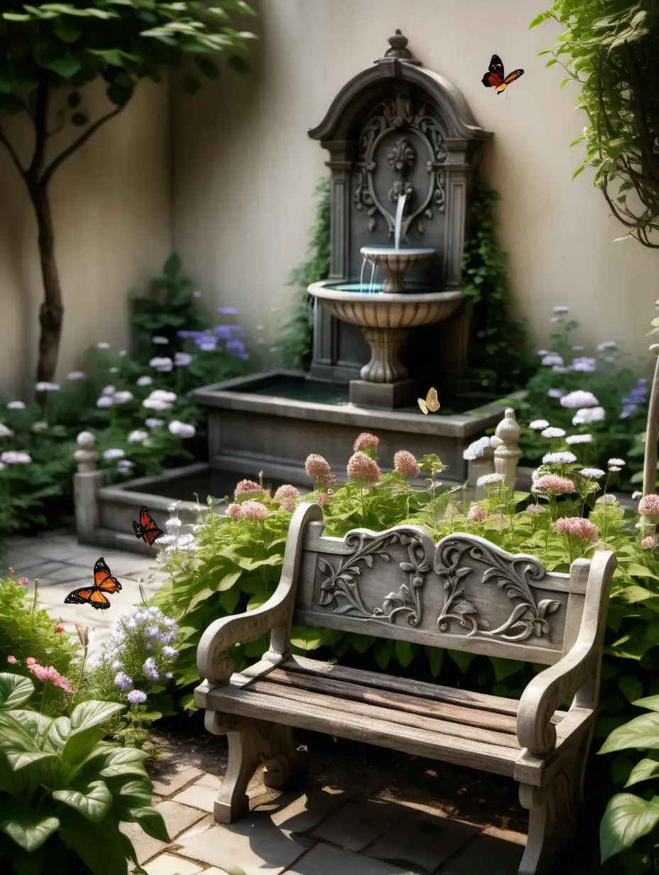 Tranquil Garden Scene with Fountain Wooden Bench and Fluttering Butterflies