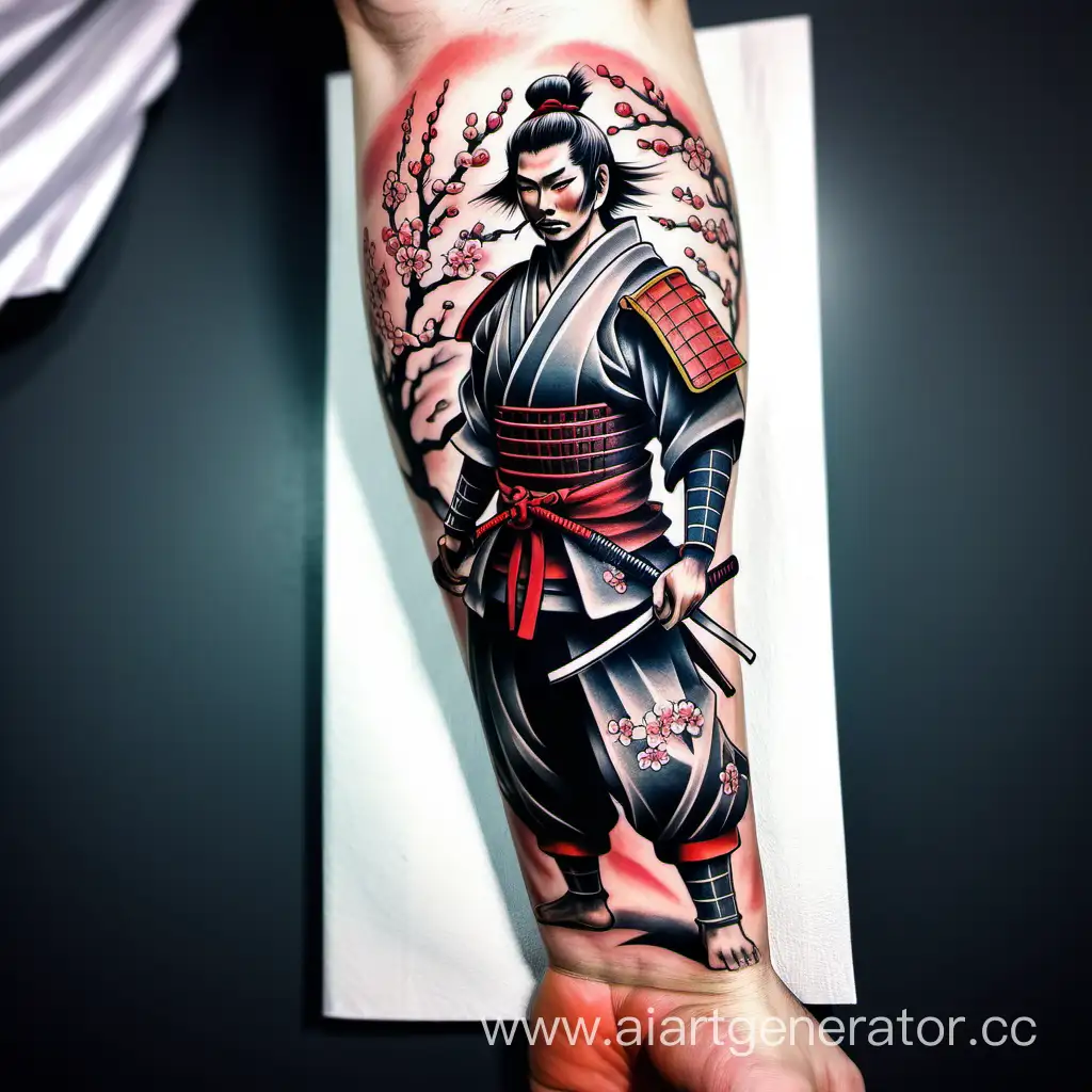 Татуировка самурая с сакурой на руке с внутренней стороне  тату