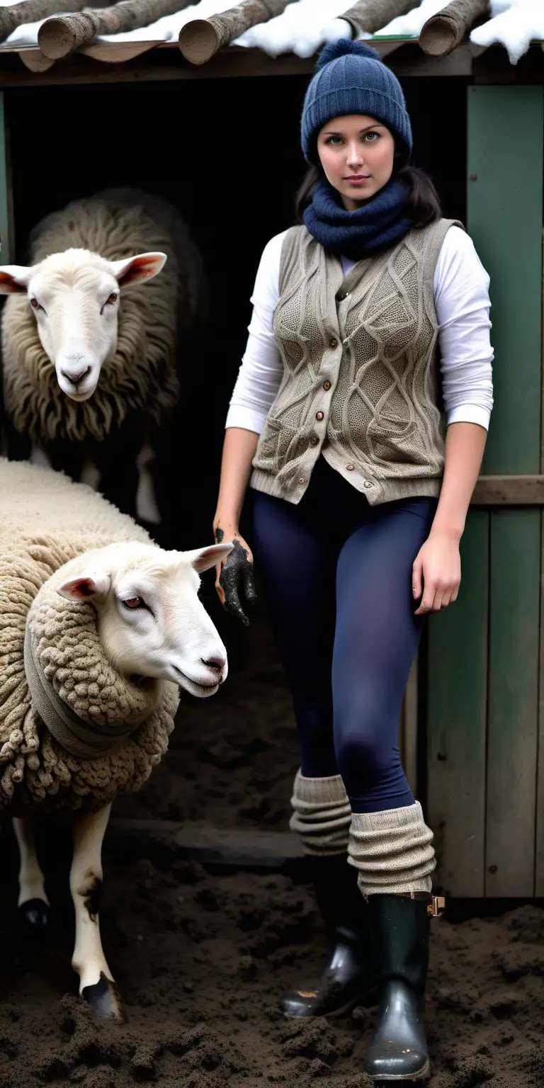 Russian Farm Girl Tending to Sheep in Winter Wonderland