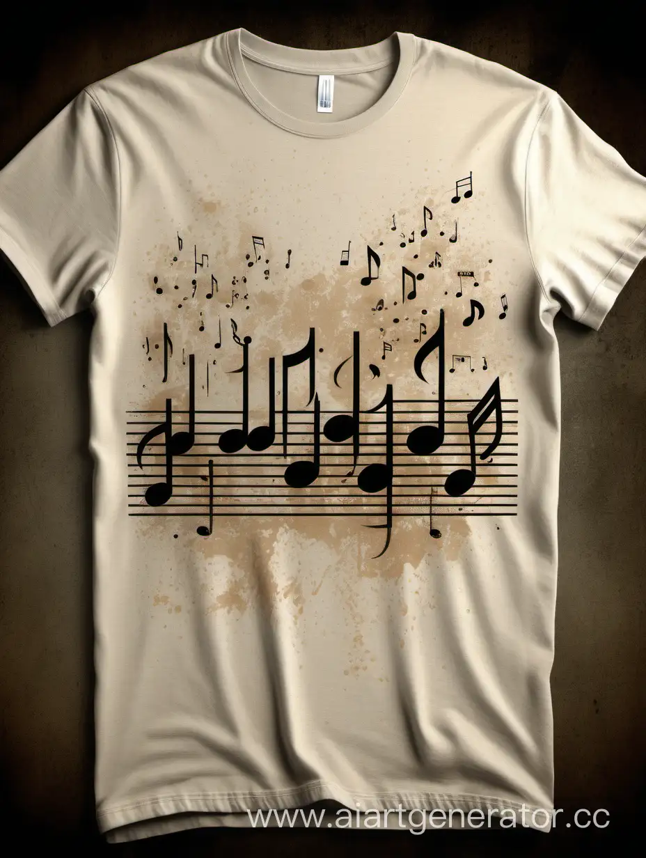 A minimalist and abstract representation of sound waves or musical notes, capturing the essence of music ona design, featuring energy- filled graphics and elements that symbolize gaining strength, with distressed textures Worn-out designs, giving a vintage and Worn-in look to the t-shirt design, high quality, 128K Ultra