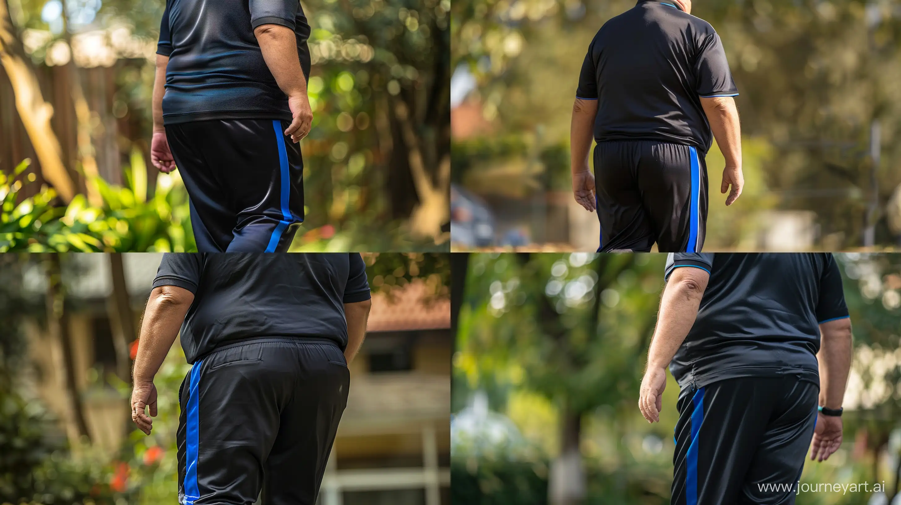 Back view close-up waist level photo of a fat man aged 60 wearing silk navy tracksuit pants with royal blue stripe on the leg and a tucked sport polo shirt. Walking Outside. --style raw --ar 16:9