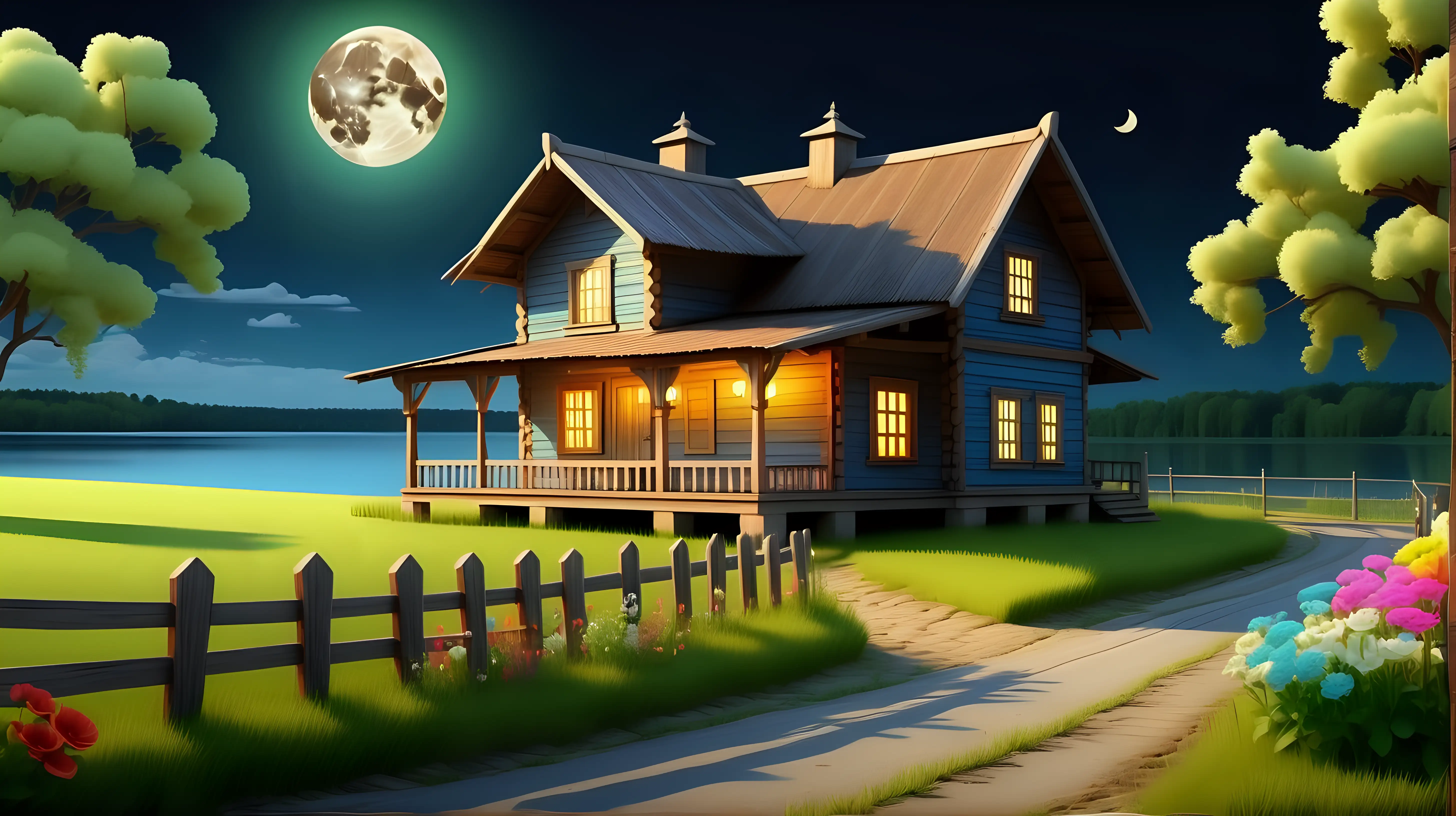 Rustic Lakeside Cottage on a Moonlit Night