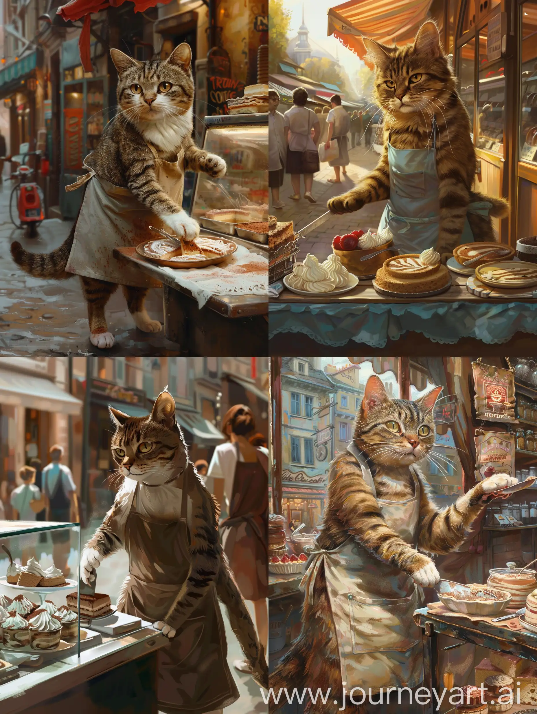 清晨，商业街内，一个真实的猫咪穿着围裙在摊位上卖提拉米苏