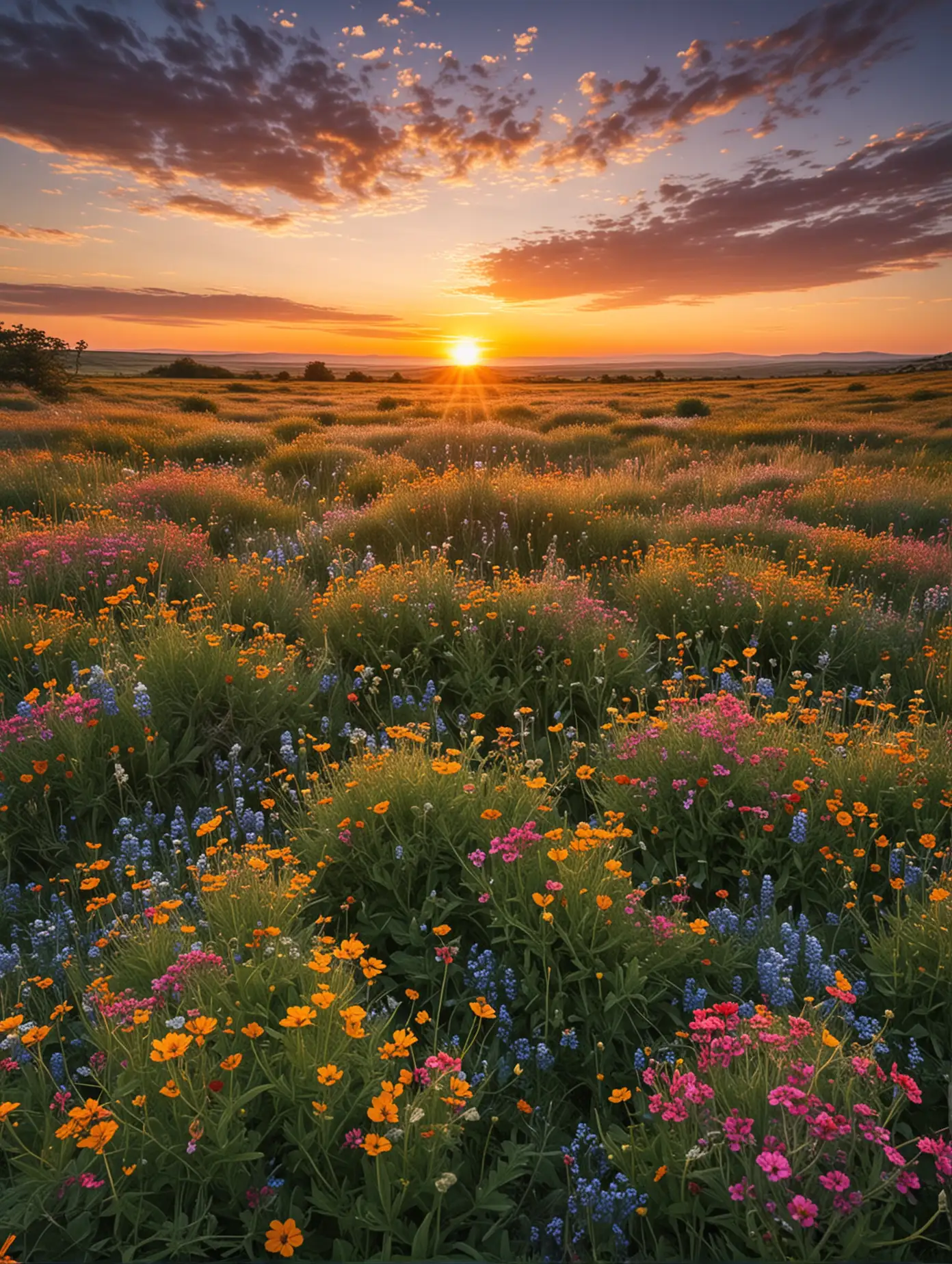 a beautiful landscape with wildflowers and sunset in the horizon