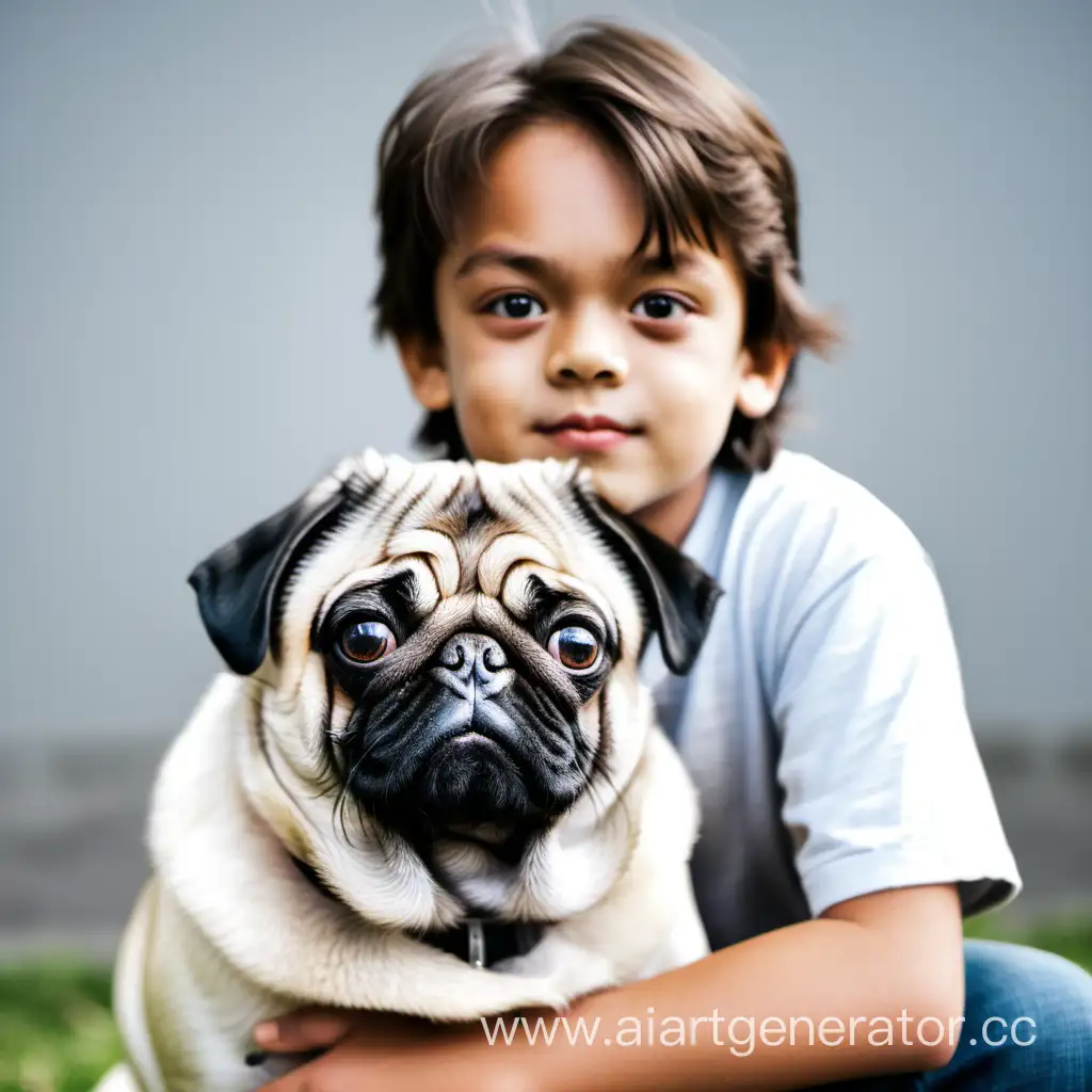 A beautiful pug dog with a long-haired boy