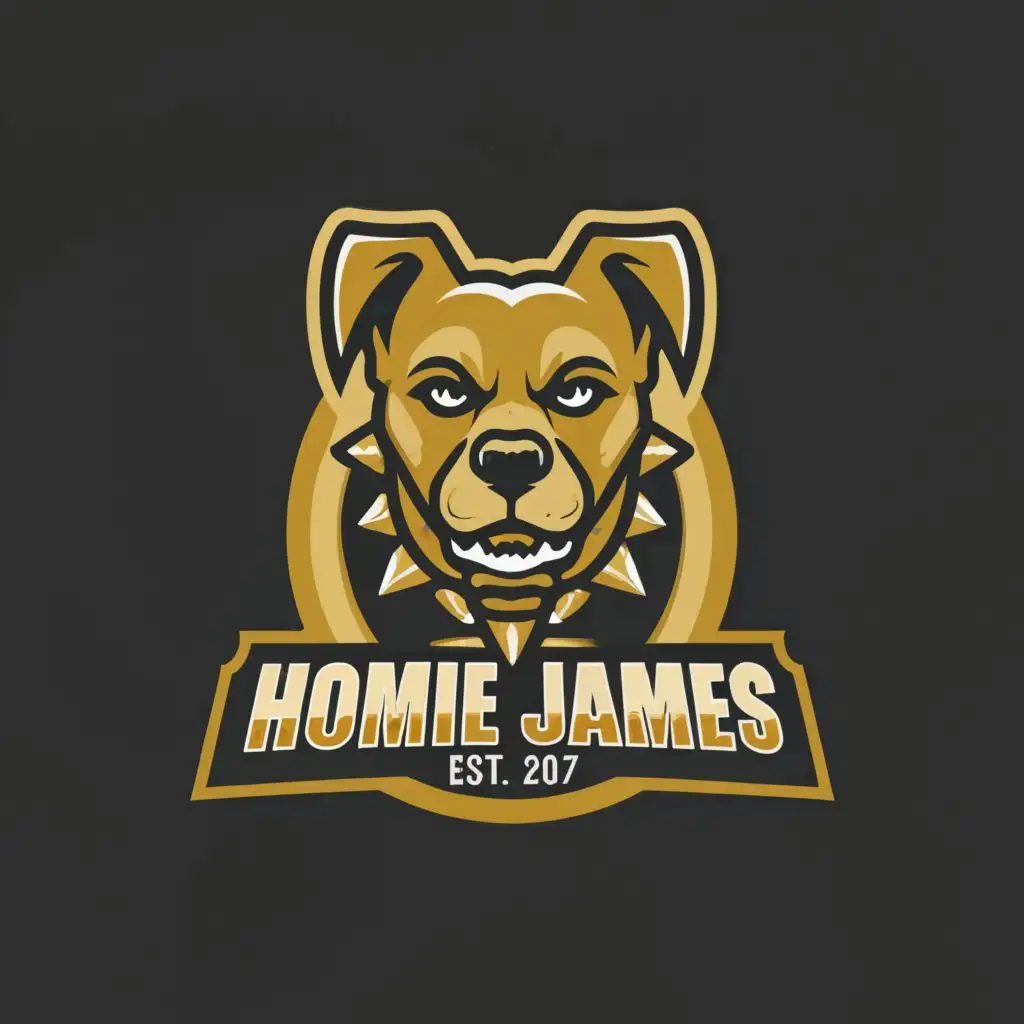 a logo design,with the text "thug dog head with gold chain, and dog with homie james etched in", main symbol:dog with gold chain,Moderate,be used in Entertainment industry,clear background