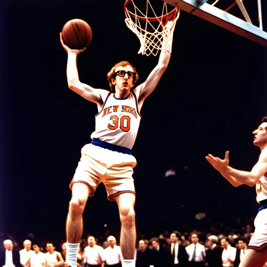 Woody Allen when he was 50 years old dunks the basketball in the hoop in a knicks jersey.