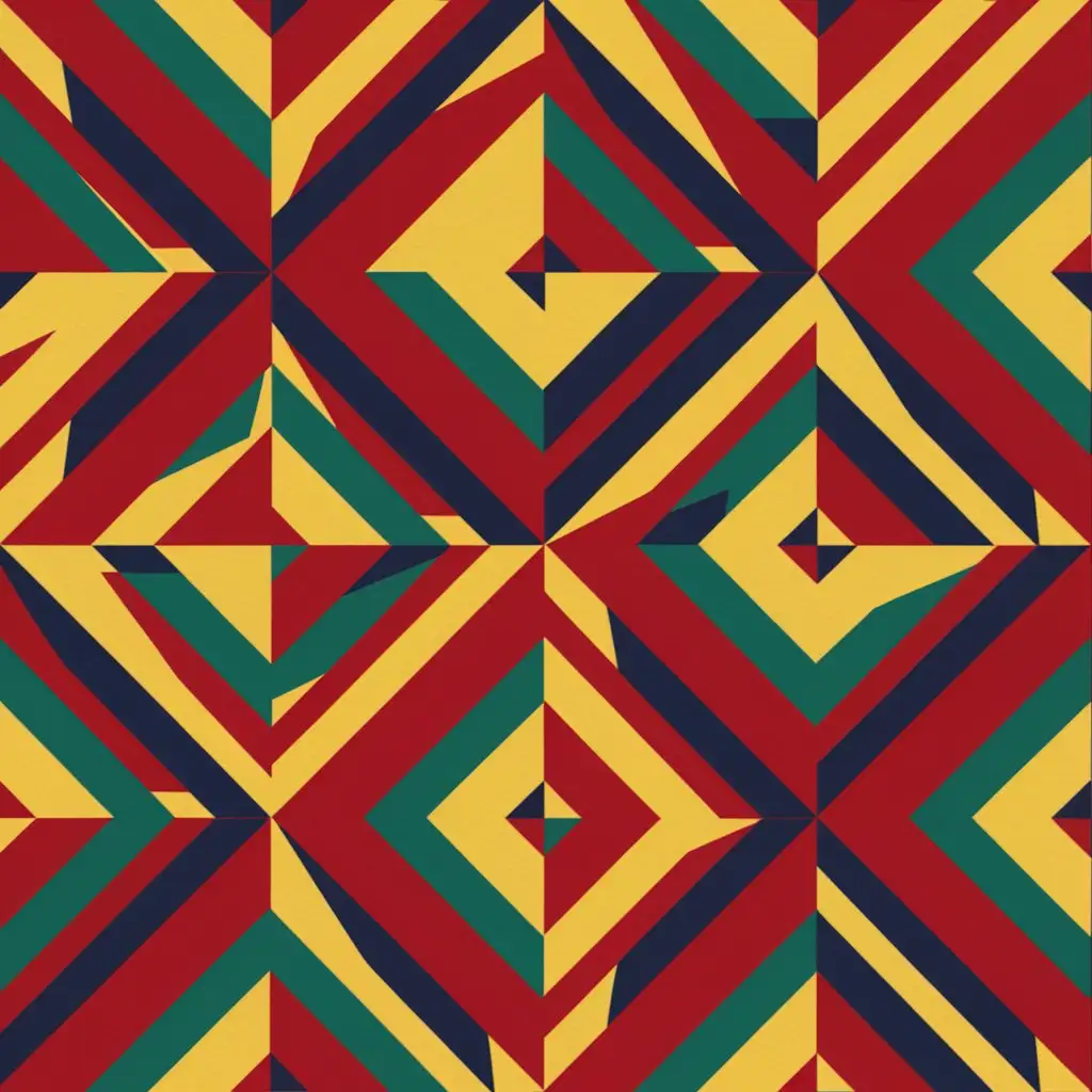 A geometric pattern with repeating triangles and squares in bold colors.