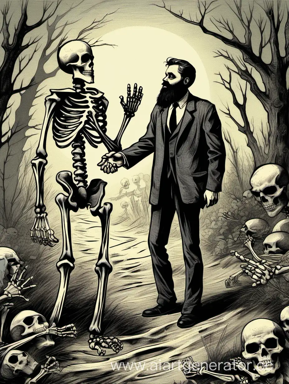 испуганный мужчина с бородой жмет руку скелету 