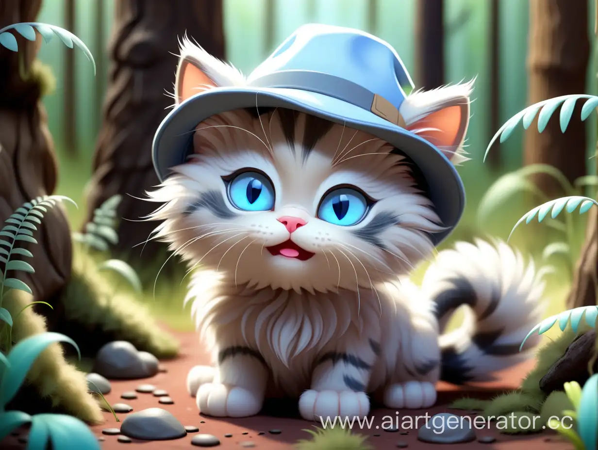 Adorable-BlueEyed-Fluffy-Cat-with-Hat-in-Enchanting-Forest