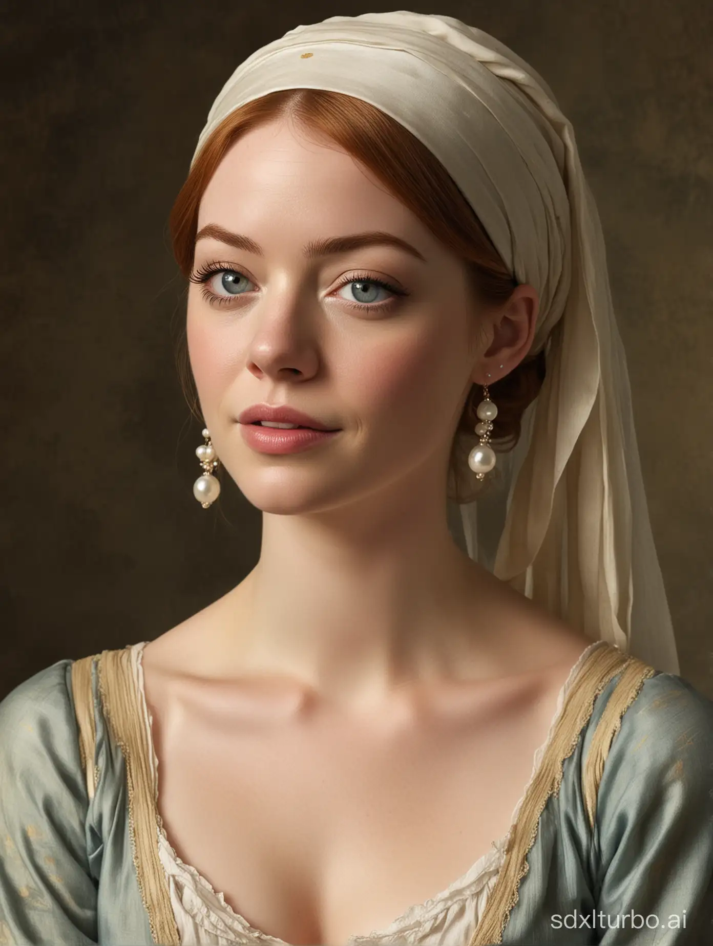 Emma Stone reinterprets the whole classic painting Maiden with a Pearl Earring full body.