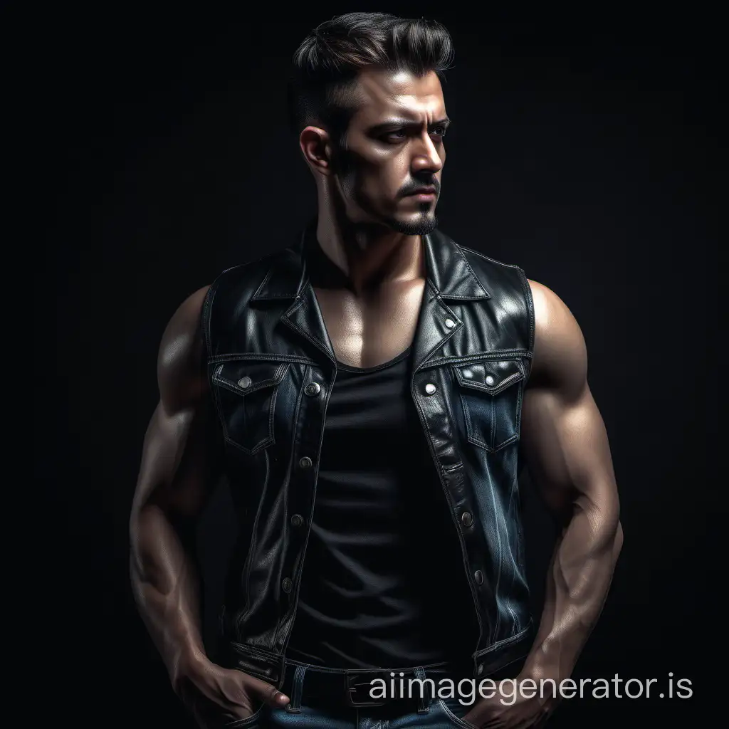 a man, moody face, looking to the side, wearing a black shirt, black leather sleeveless vest, jeans pant, photorealistic, realism, highly detailed, best quality, raw photo, masterpiece cinematic tones, dramatic lighting scenario depth of field