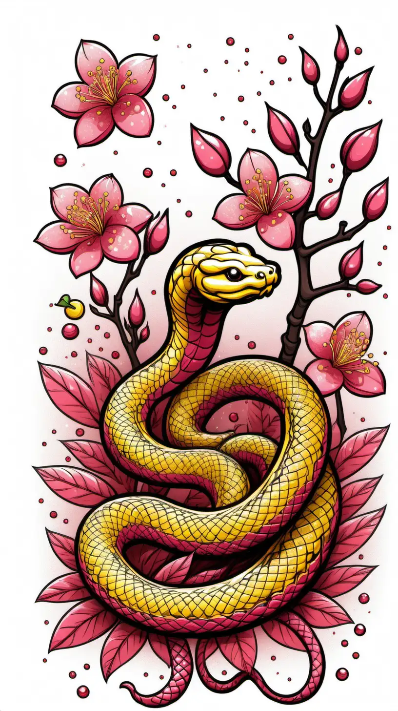 Year of the Snake Doodle Red and Yellow Crystal with New Year Blossoms