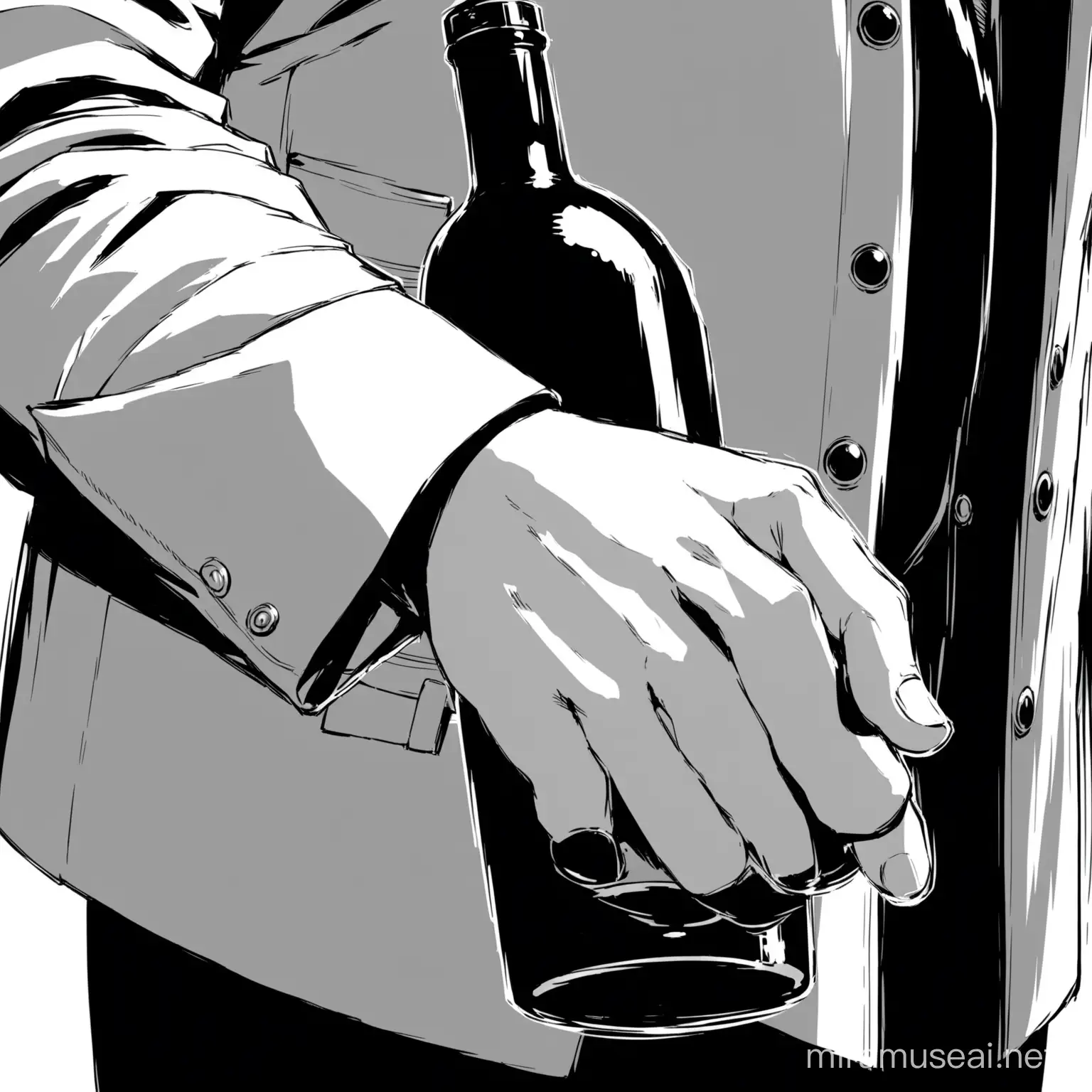 black and white manga illustration of a close up male anime hand holding a bottle of wine