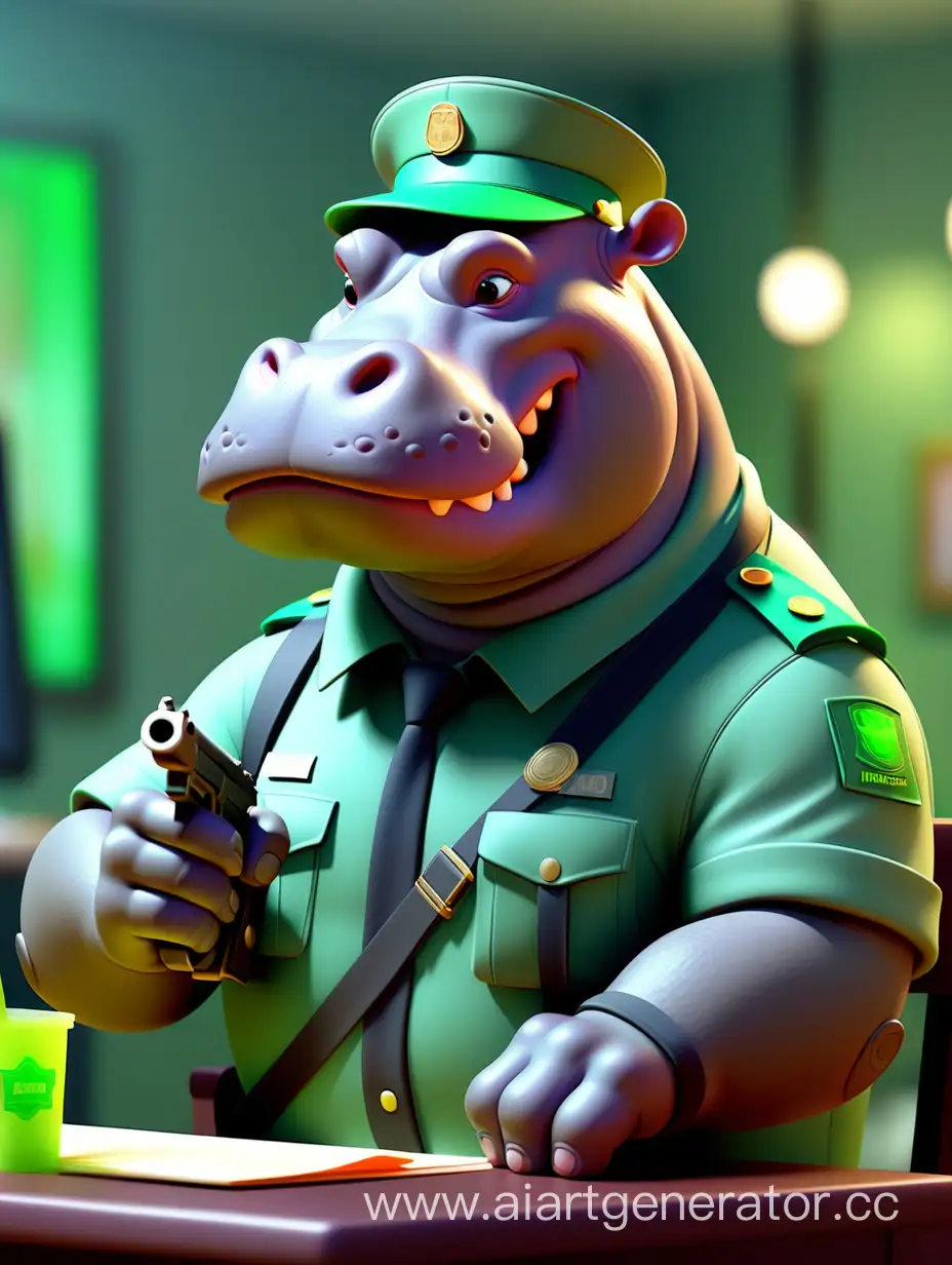 Hippo, security guard, hippo muzzle, hippo ears, hippo tail, a gun in hands, green uniform, sitting at the reception, Dreamworks animation, subrealistic, fog, 3D render, bokeh, Sovietwave, glow stick lightning