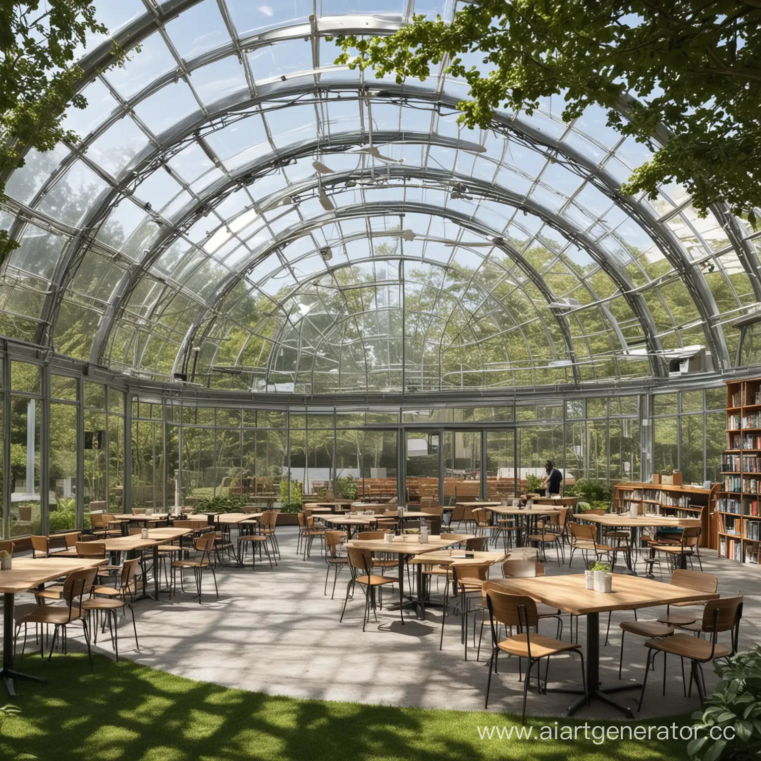 Библиотека- оранжерея, с кофейней, сидячие места в виде амфитеатра, отдельные зоны для конференций, крыша стеклянная как купол