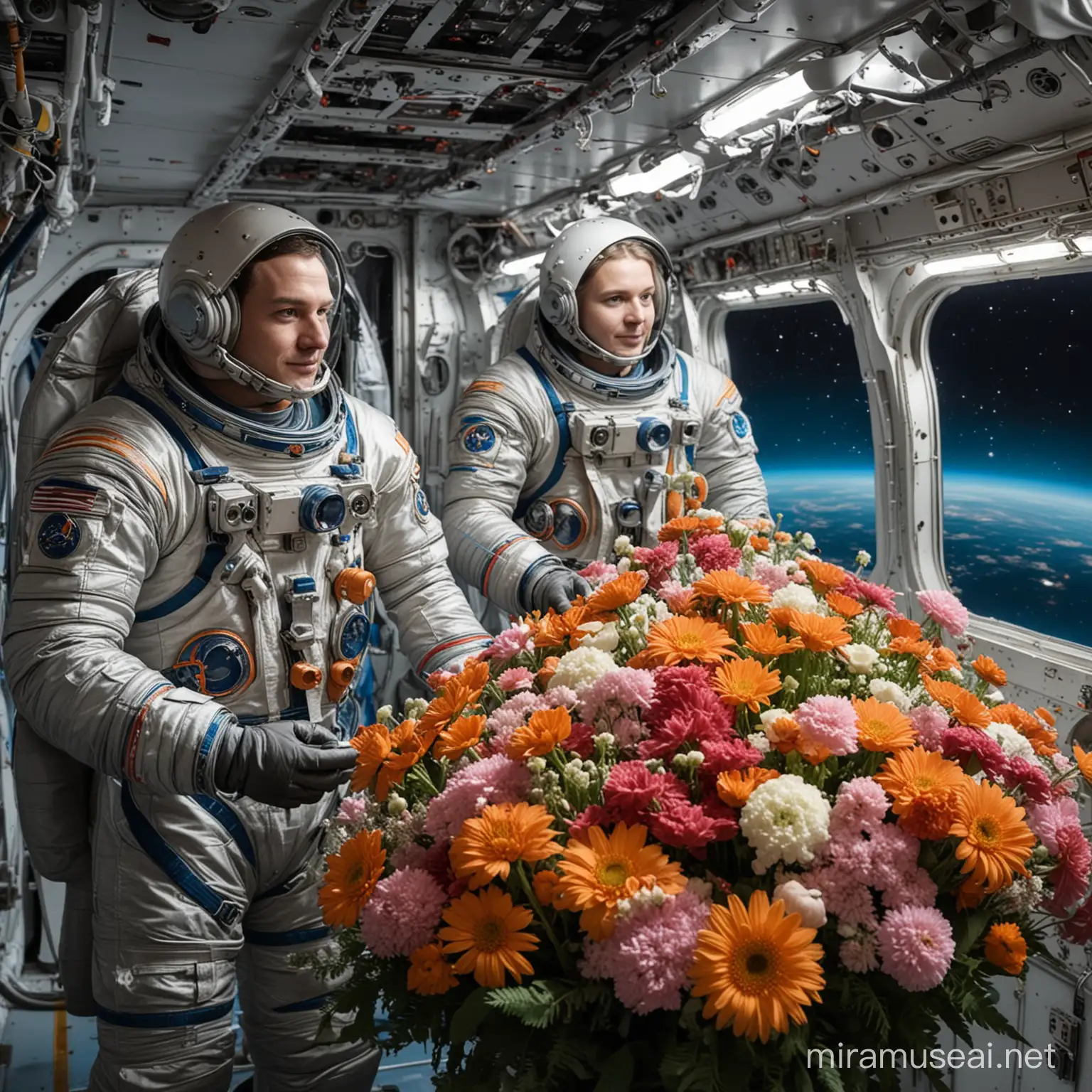 Живые космонавты стоят в космосе на корабле с букетами цветов 