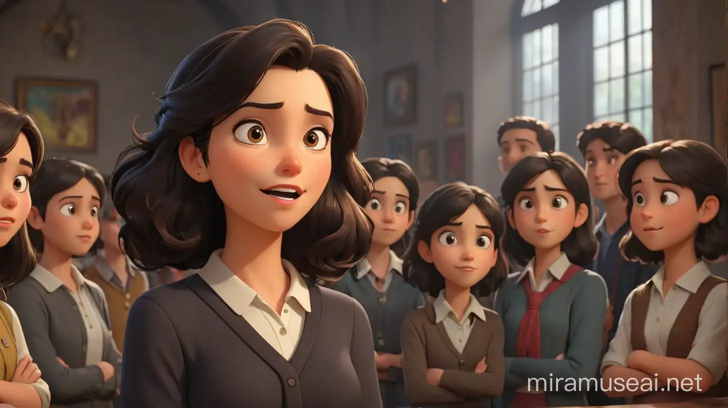 3D illustrator of an animated scene of female teacher (dark hair , and happy  ) explain  some thing to her students in the museum  , which standing around her
