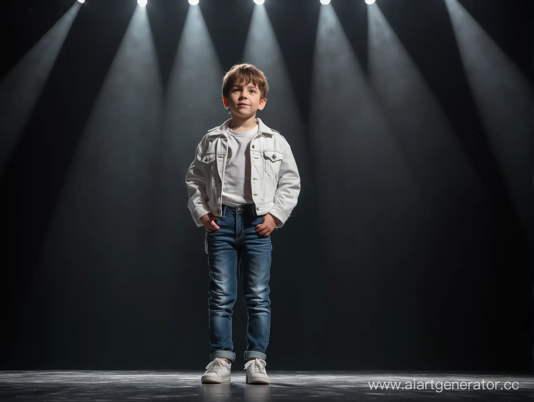 the boy is standing on a dark stage, under a sheaf of cold-colored spotlights, he is dressed in jeans, a white T-shirt and a dark suit jacket on top