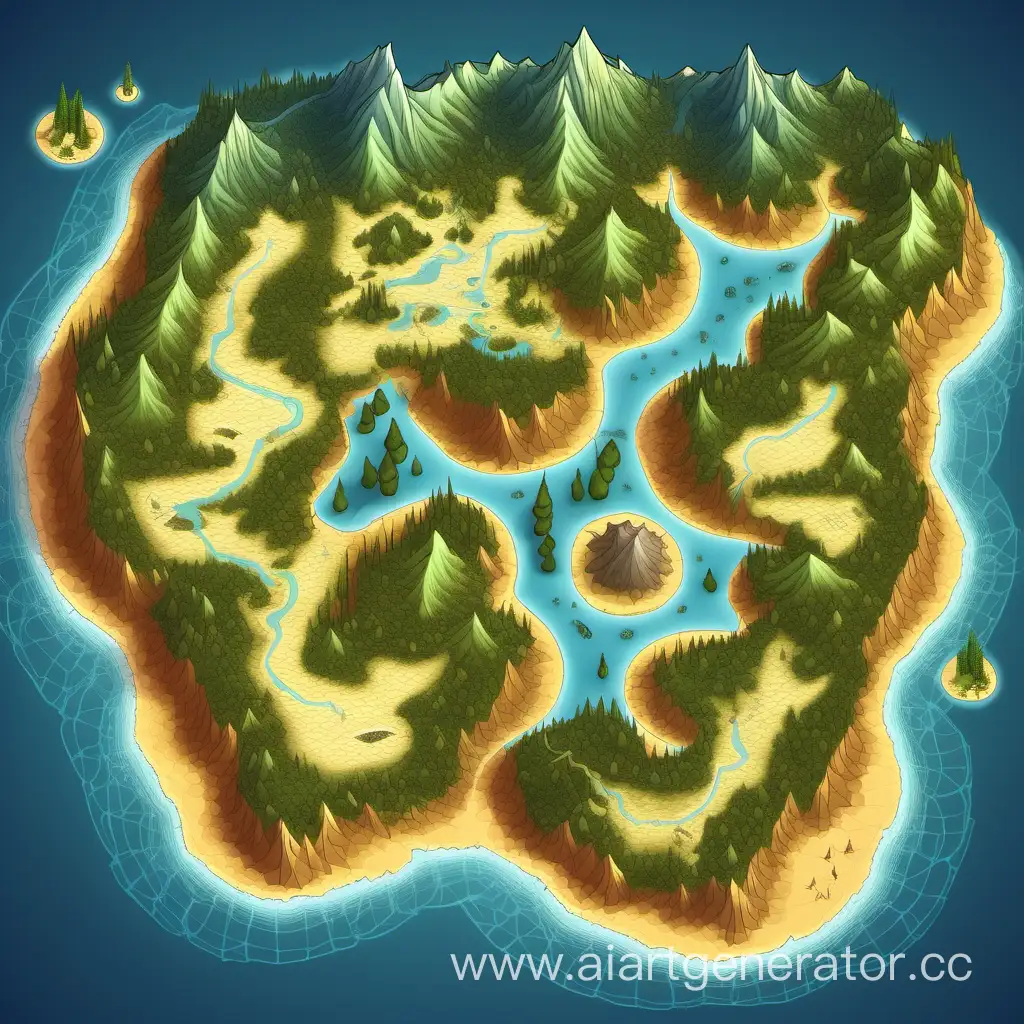 Fantasy world map with four islands: mountains, desert, regular forest, and coniferous forest