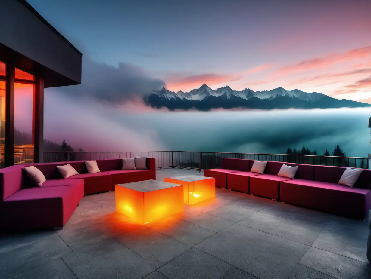 natural fog hotel lobby coloured light, event on terasse, exterior furniture and flour from concrete tile and view on Lomnica Peak in the High Tatras mountains of Slovakia and sunset