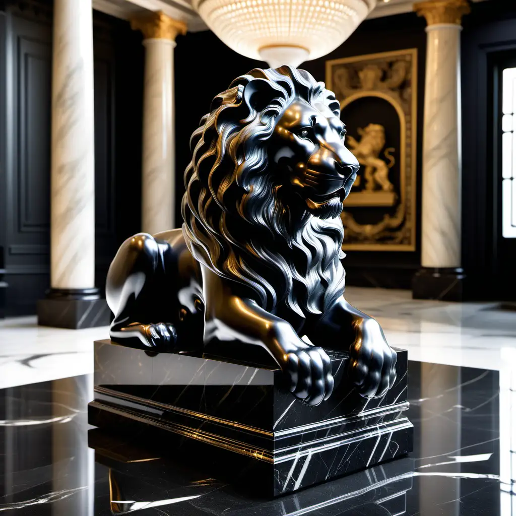 A striking photorealistic image showcases an ultra-detailed [ Lion ] sculpture in exquisite [Black] marble, enclosed in a mesmerizing glass cube. The centerpiece of an opulent museum hall exudes sophistication and grandeur. The dynamic [Lion] pose reveals intricate details, complemented by a richly adorned environment without overshadowing the main exhibit. Skillful lighting highlights the marble's sleek surface, casting captivating shadows and reflections.