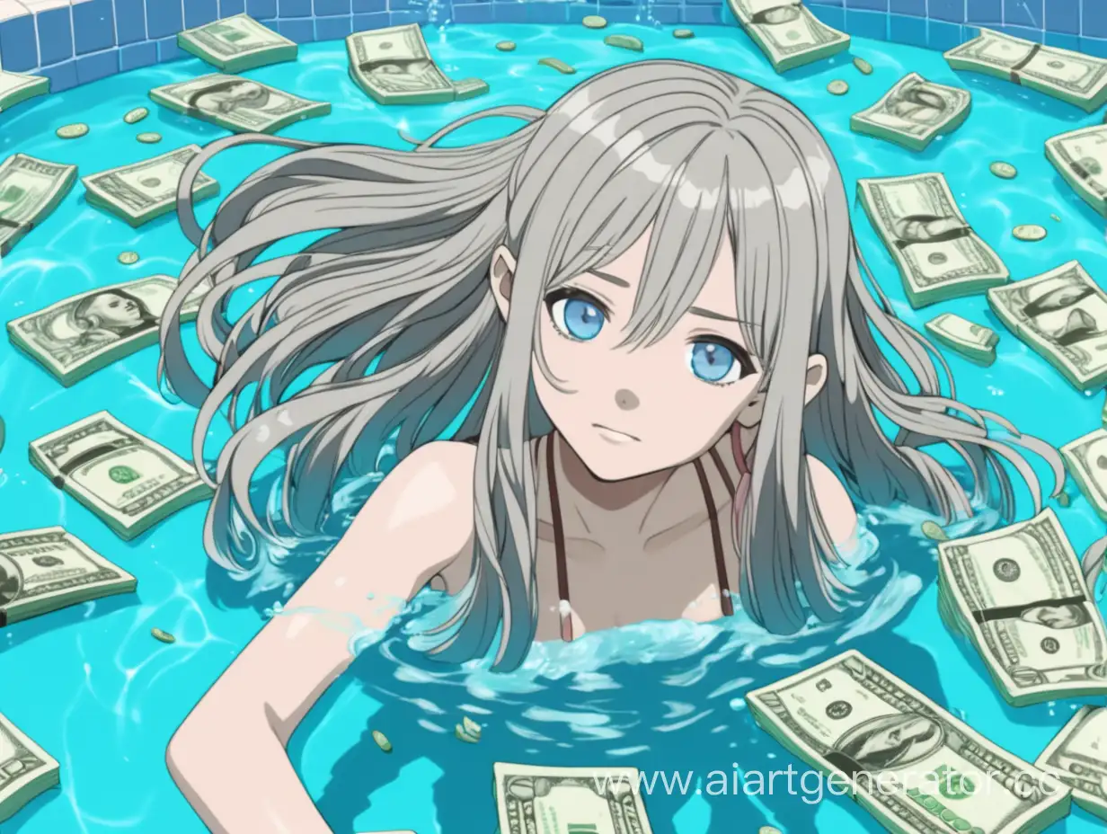 девушка с длиными  пепельным цветом волос и голубыми глазами купается в бассейне из денег ресовка как в аниме