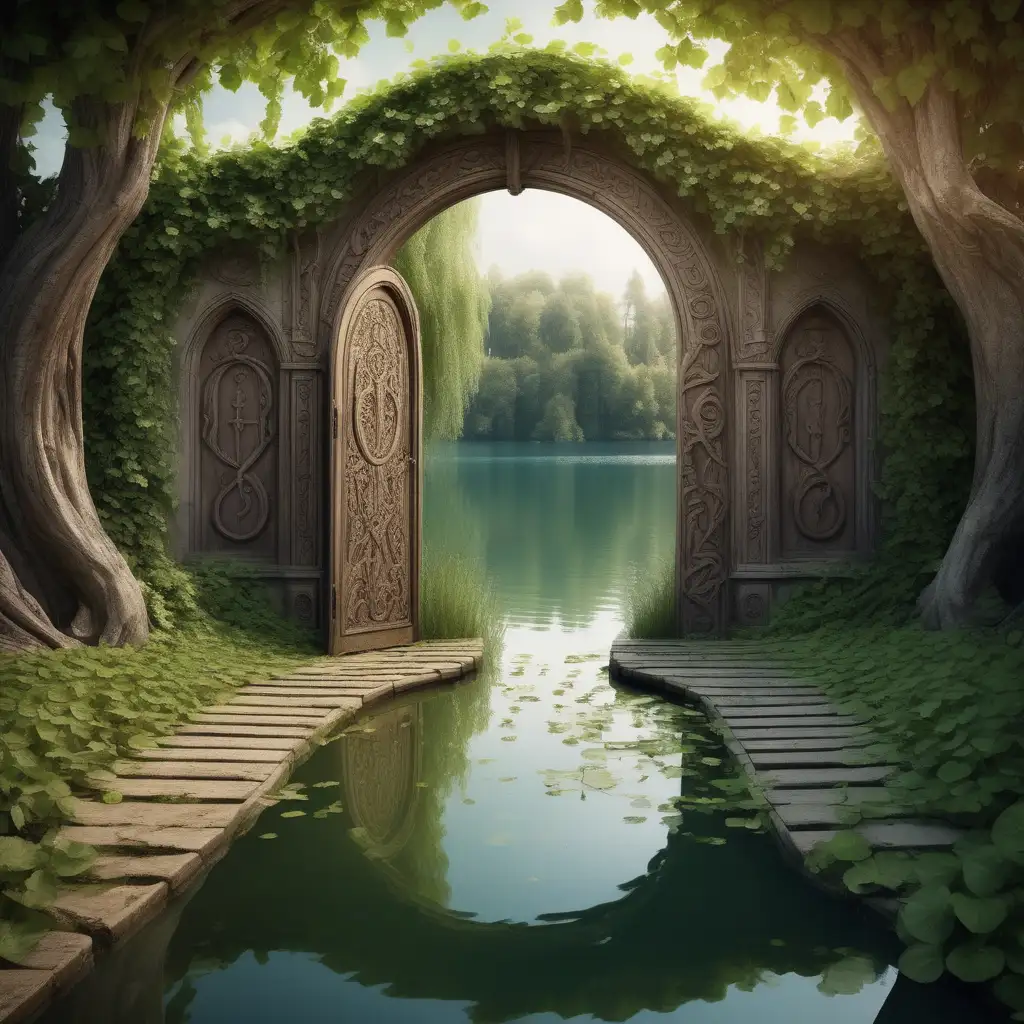 
a mystical place where a vine grows around the lake ,on the lake there is a pathway through an archway with ancient tall carved wooden arched doors that are half open there stands an ancient oval mirror that has has mystical symbols around it's edge