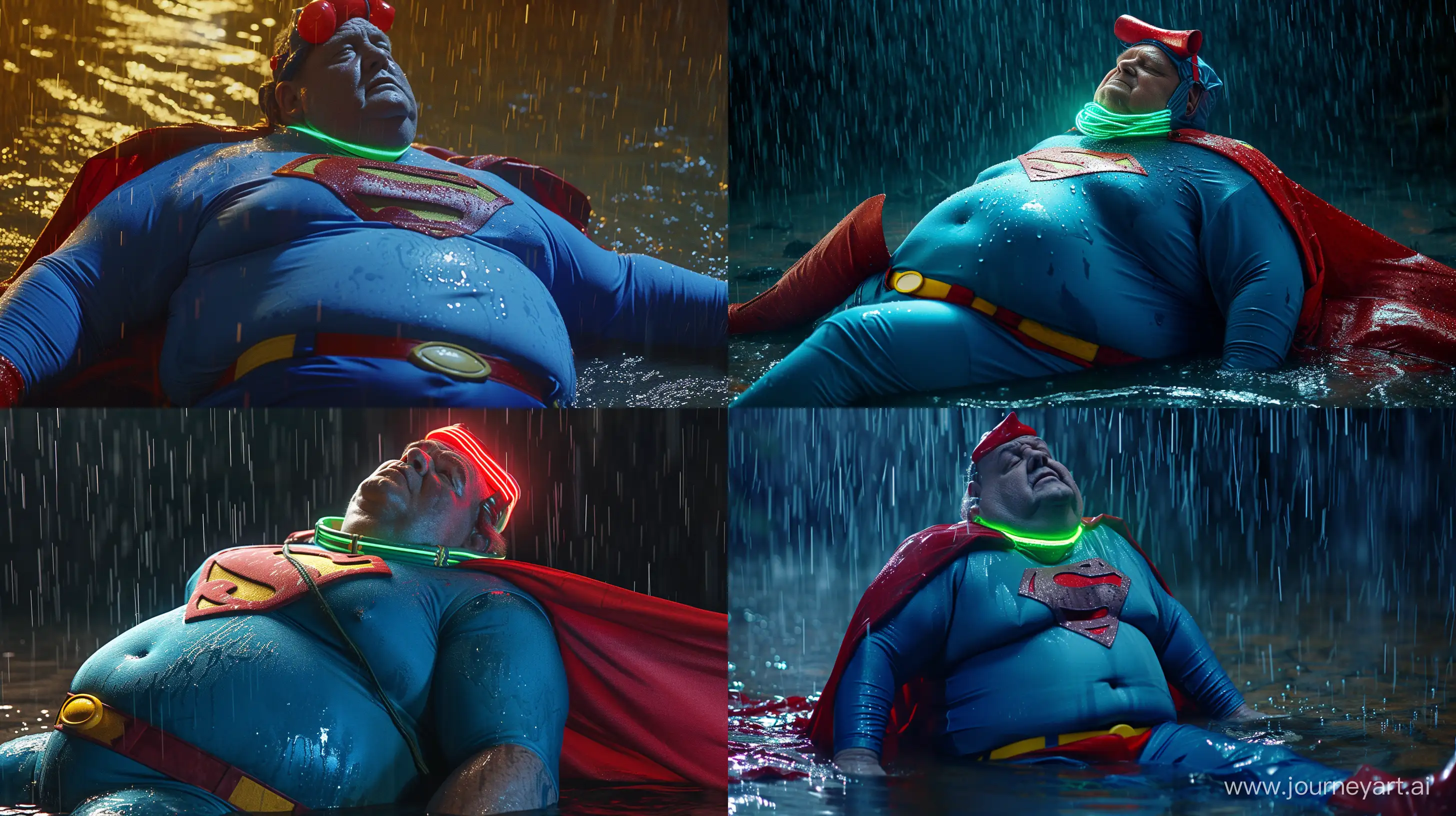 Close-up photo of a fat man aged 60 wearing a tight blue 1978 smooth superman costume with a red cape. Tight red gag on the head. Tight green glowing neon dog collar on the neck. Lying in the rain. Blue shirt. Blue pants. Red boots. Red Trunks. Yellow Belt. Natural Light. River. --style raw --ar 16:9