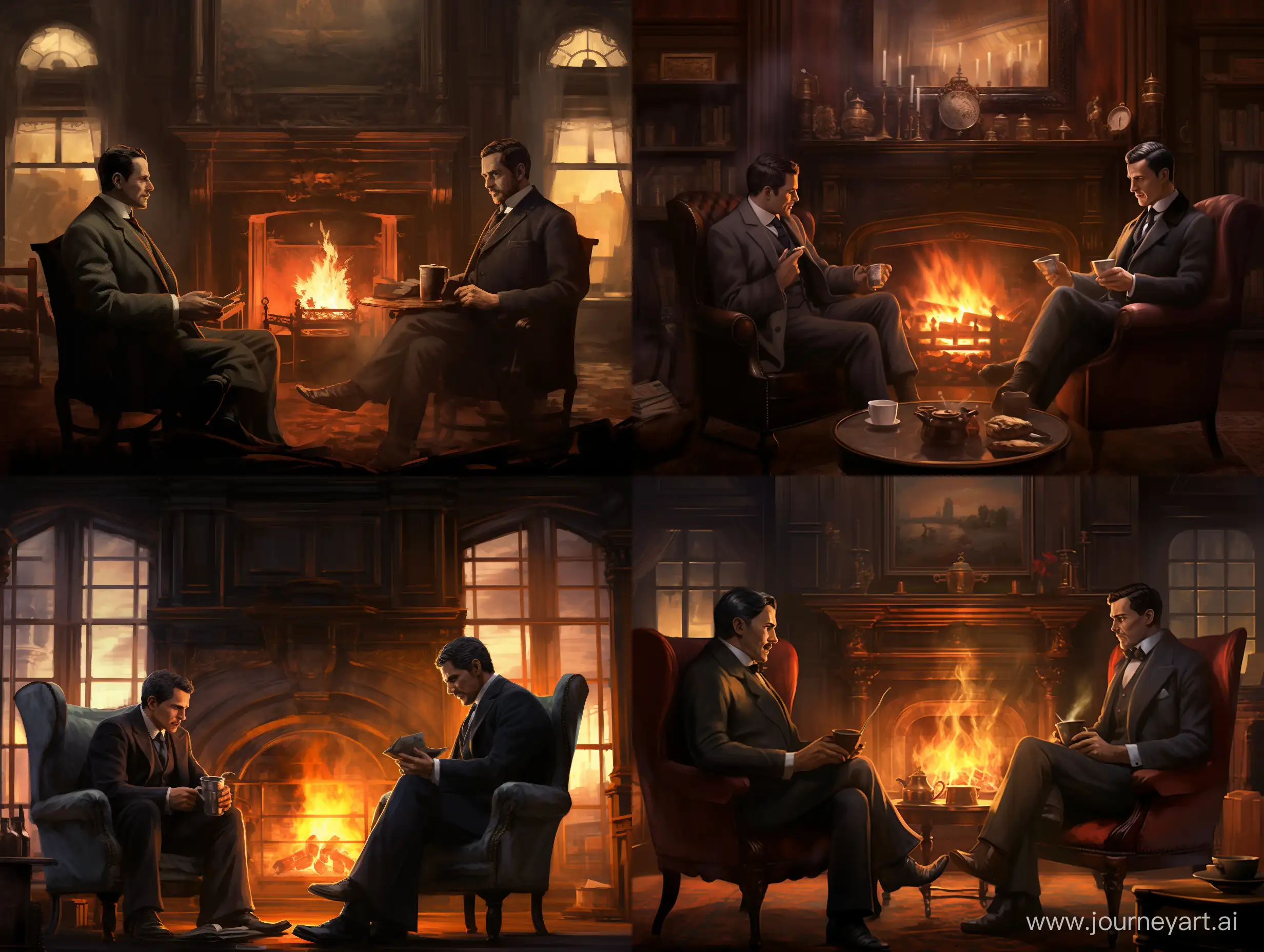 Sherlock-Holmes-and-Watson-Enjoying-Coffee-by-the-Baker-Street-Fireplace