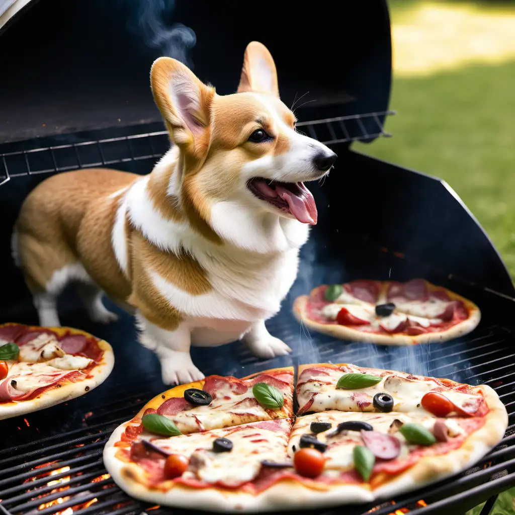 corgi baking a pizza on a barbecue