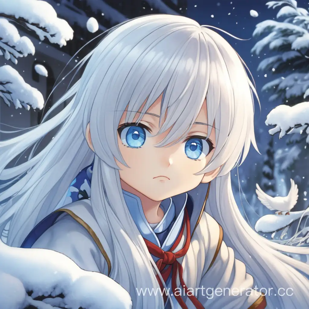 anime little boy with snow-white long hair and light blue eyes