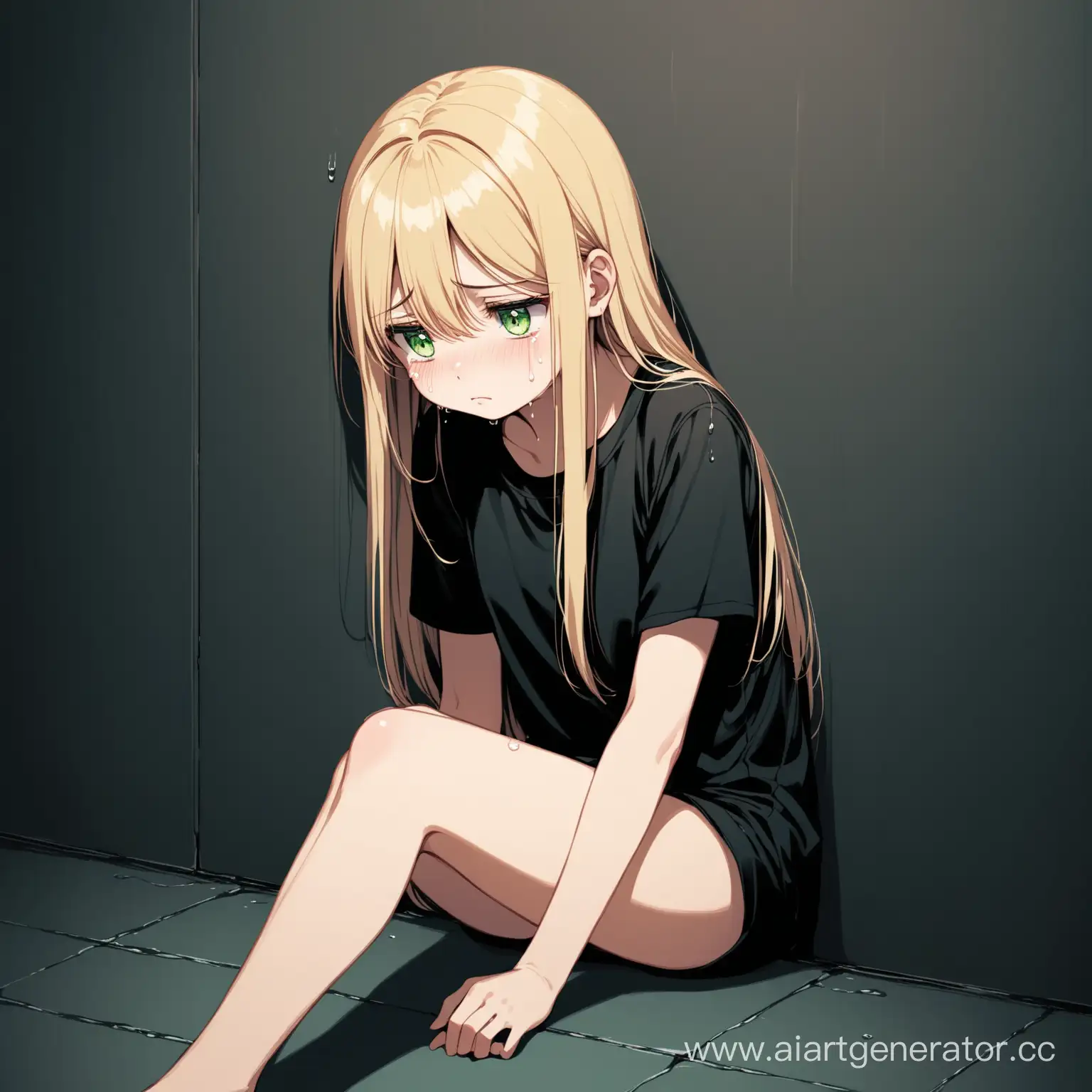 Sad-Blonde-Girl-in-Black-TShirt-Crying-Alone-in-Dark-Room