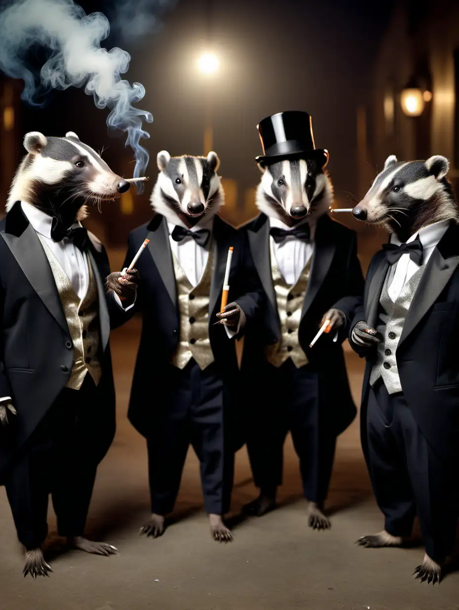 a group of badgers dressed up in fancy tuxedos for a new years eve party celebrating and smoking cigarettes