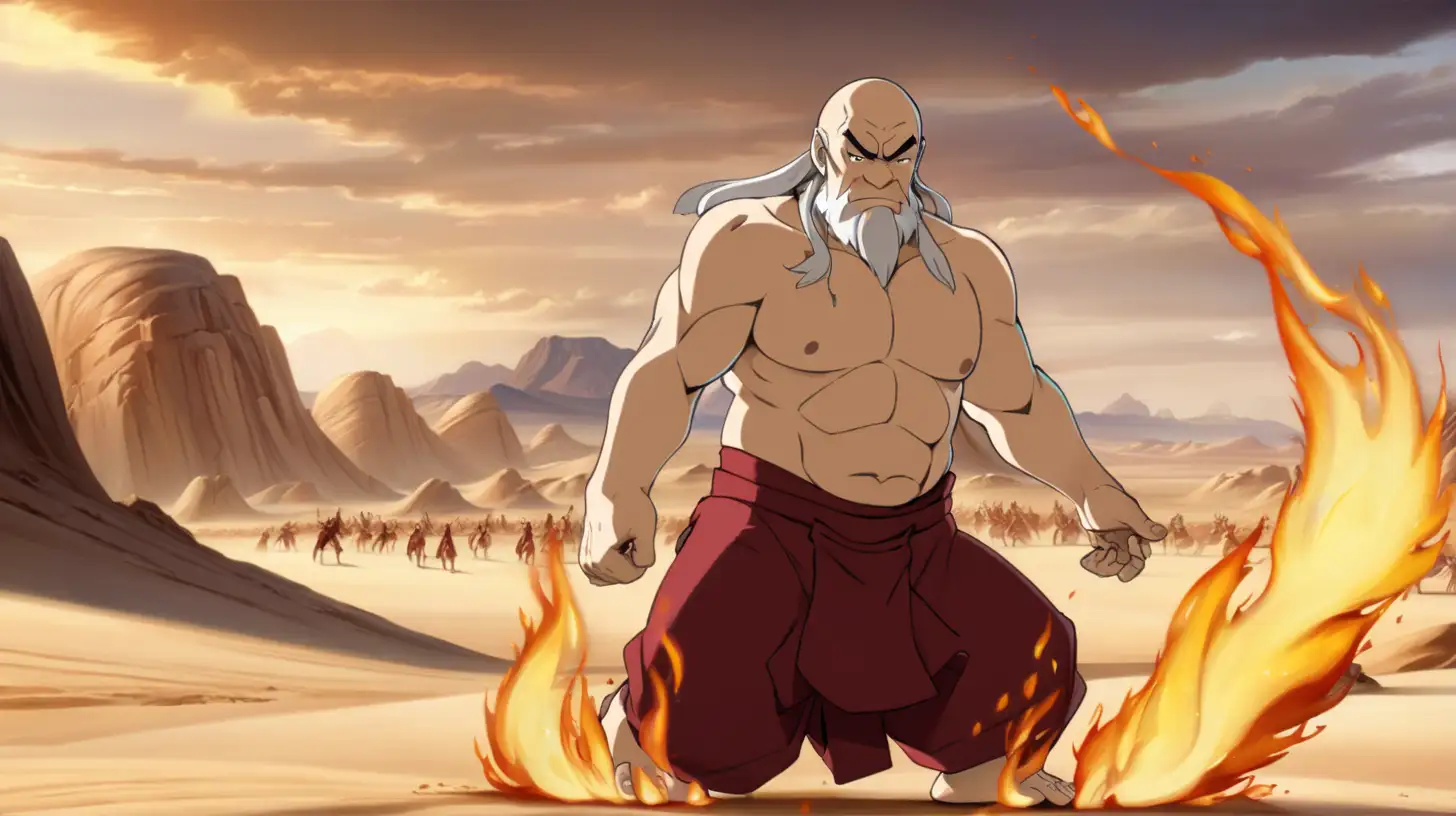 No shirt ripped Iroh from Avatar. Using his fire bending. beautiful desert landscape.