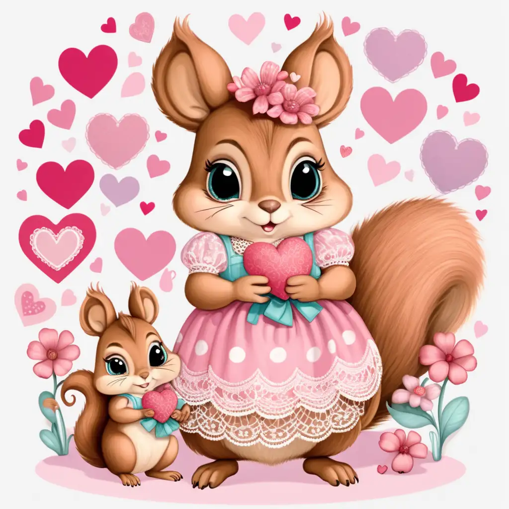 Adorable Fairytale Scene Chubby Mom Squirrel and Babies in Valentine Wonderland