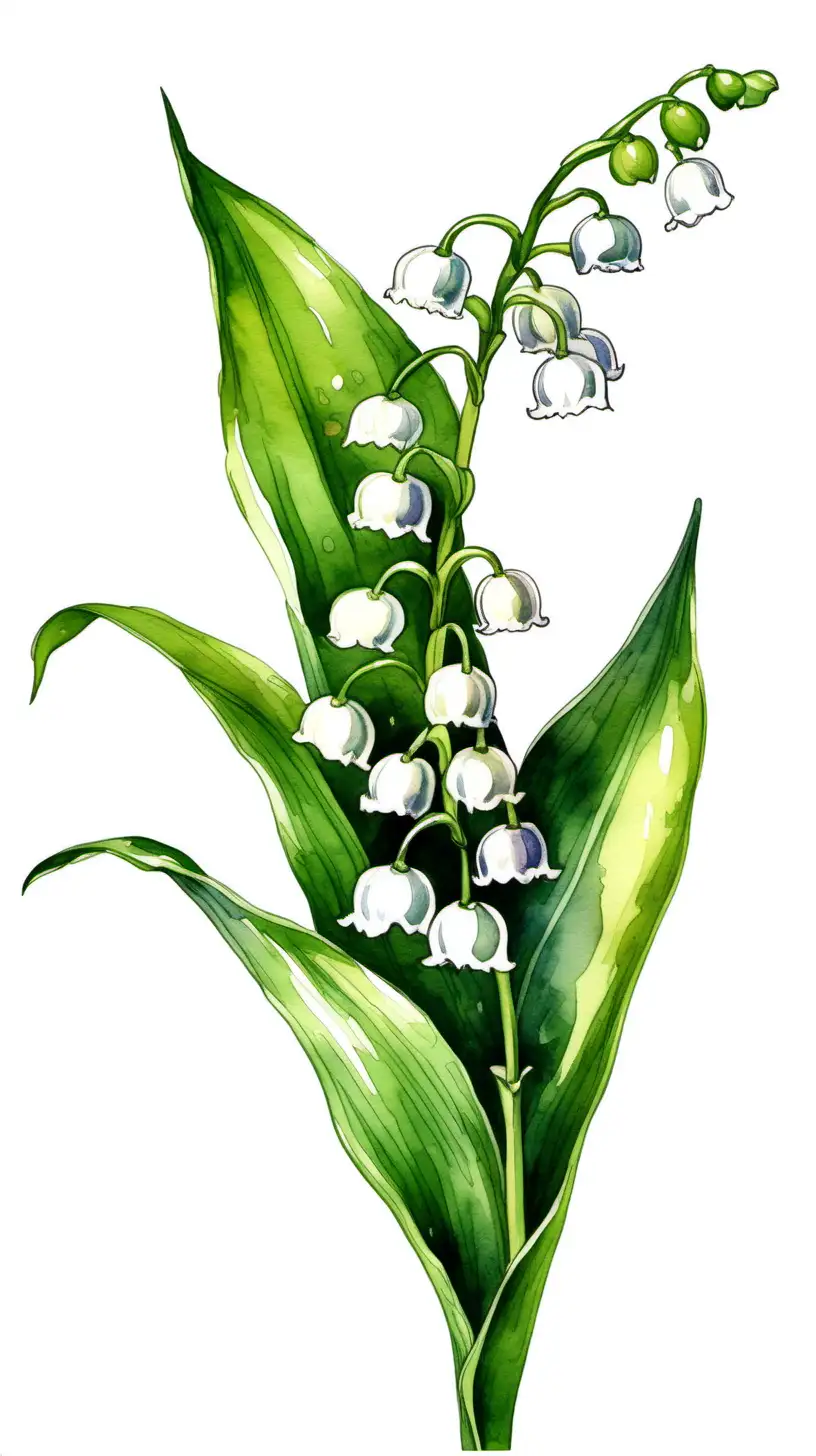  Lily of the Valley flower with long stem in white background in watercolor pseudo style, leaning to the right