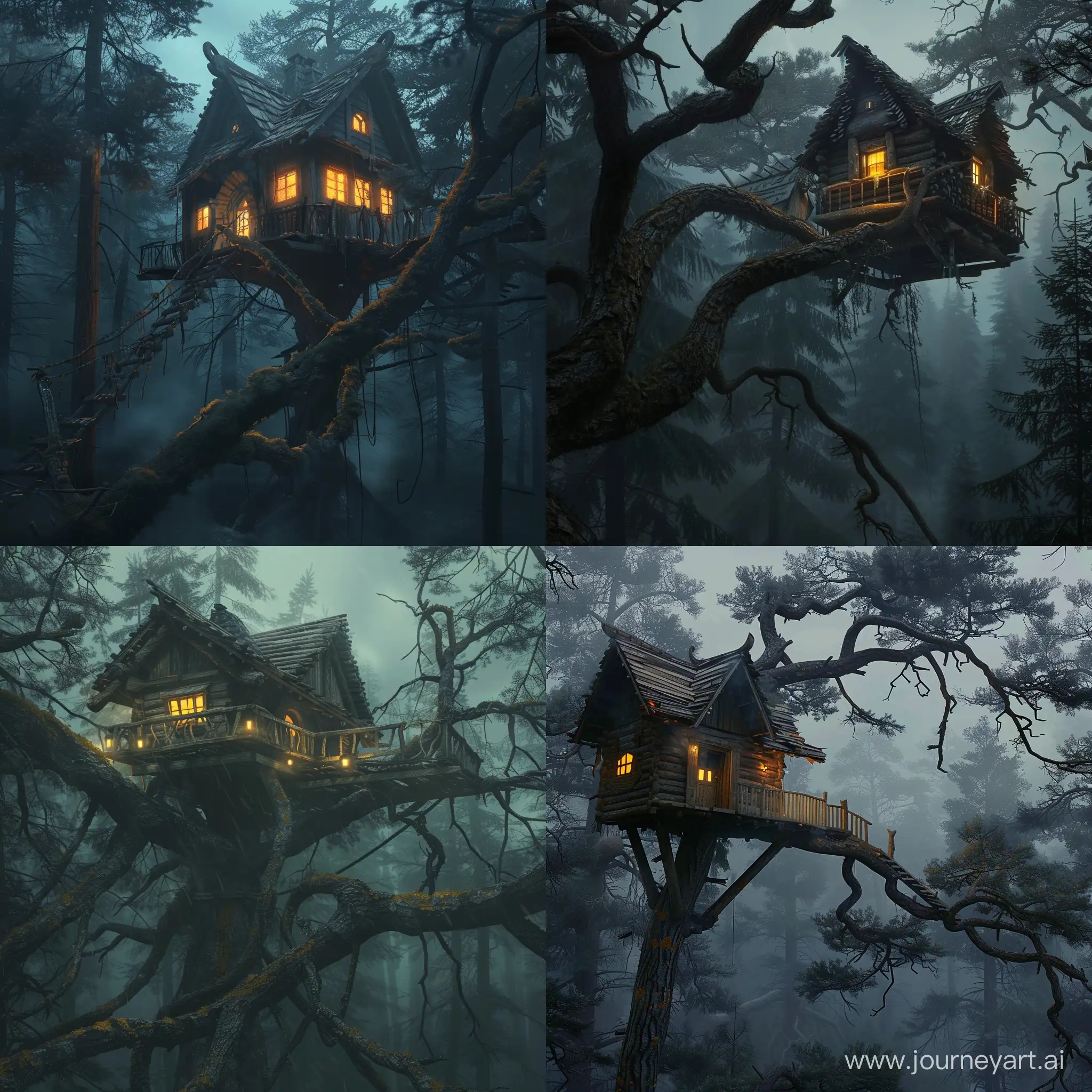 Beautifully lit slavic wooden house built in the branches of a tree in dark moody forest, concept art, atmospheric, foggy, cinematic, masterpiece, woodlands, mystery, nordic forest