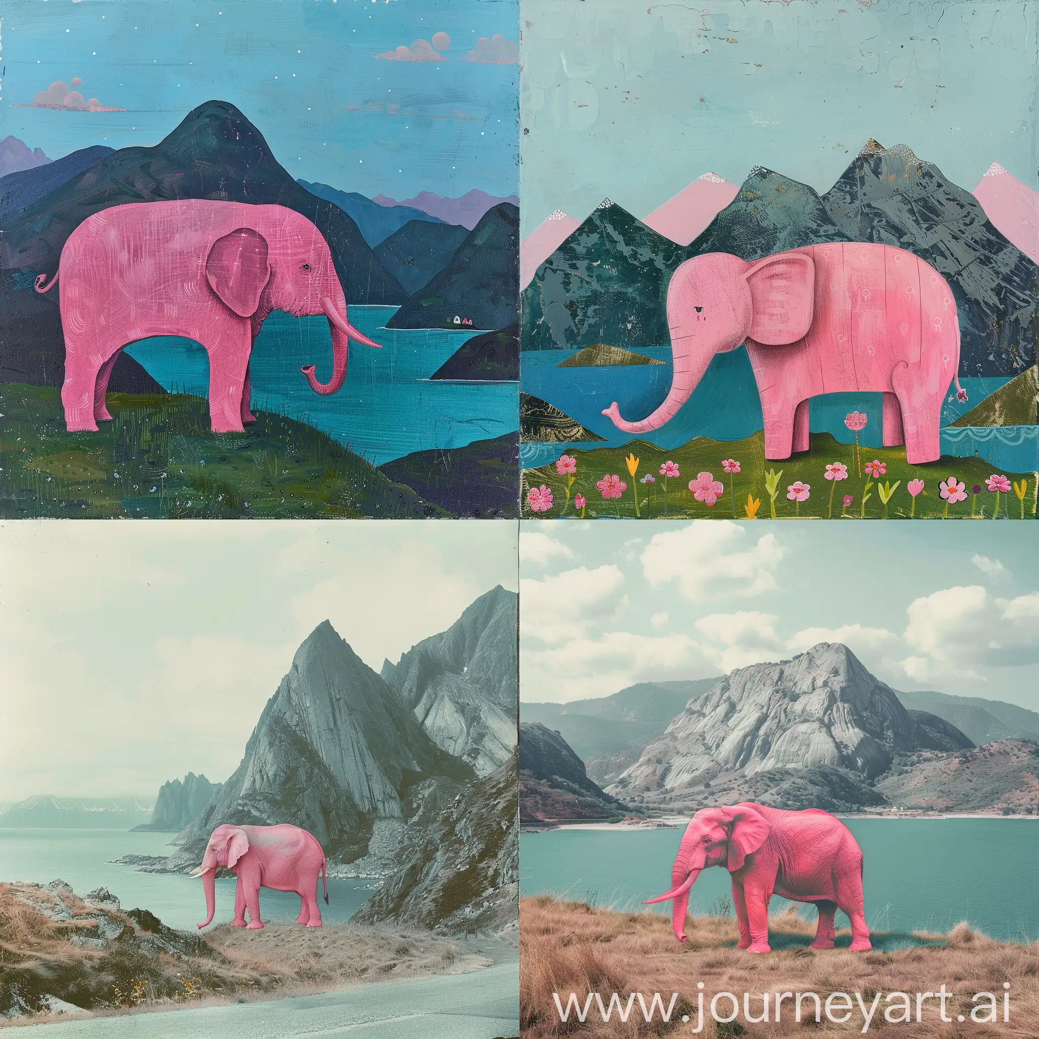 pink elephant in the mountains by the sea
