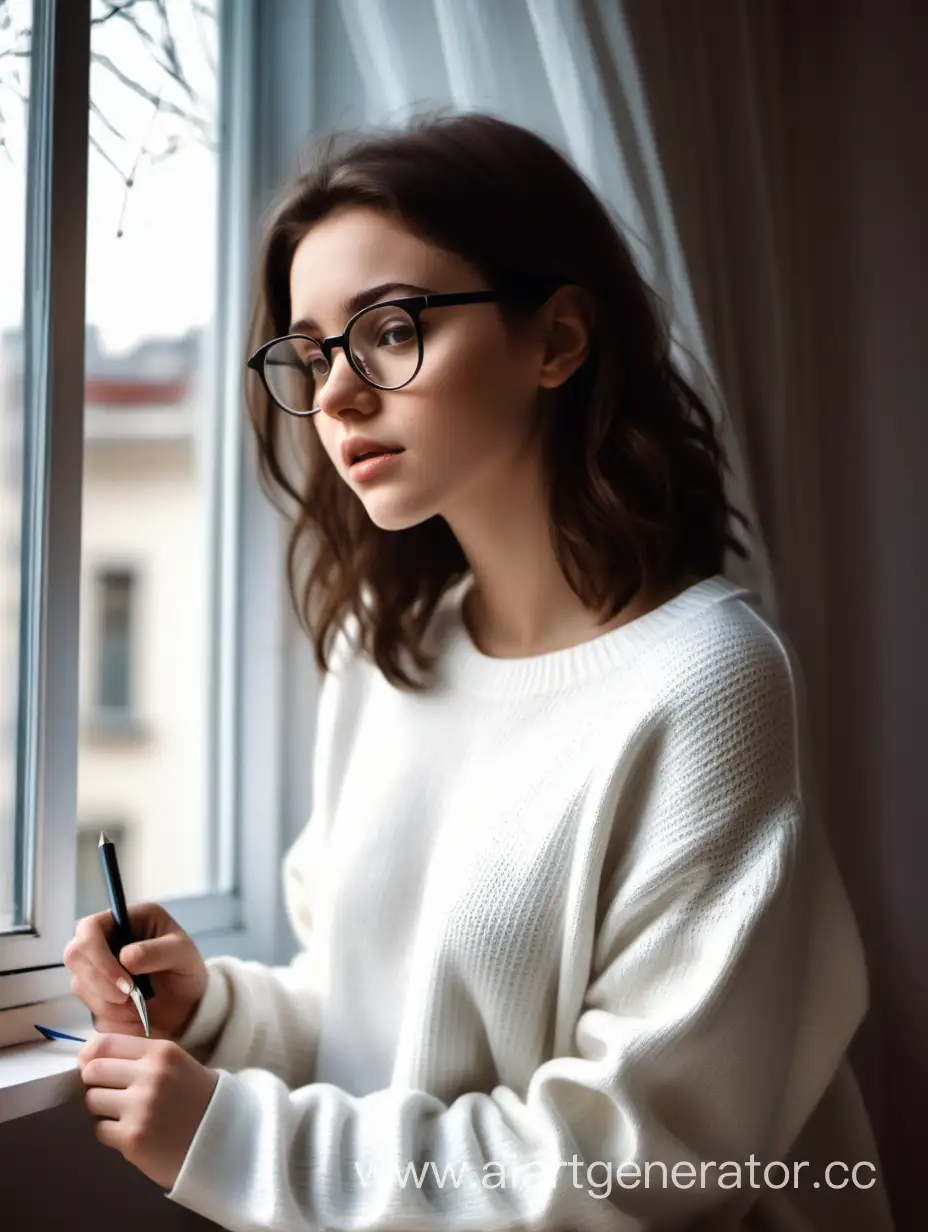Young-Woman-Writing-by-the-Window-in-Cozy-Apartment