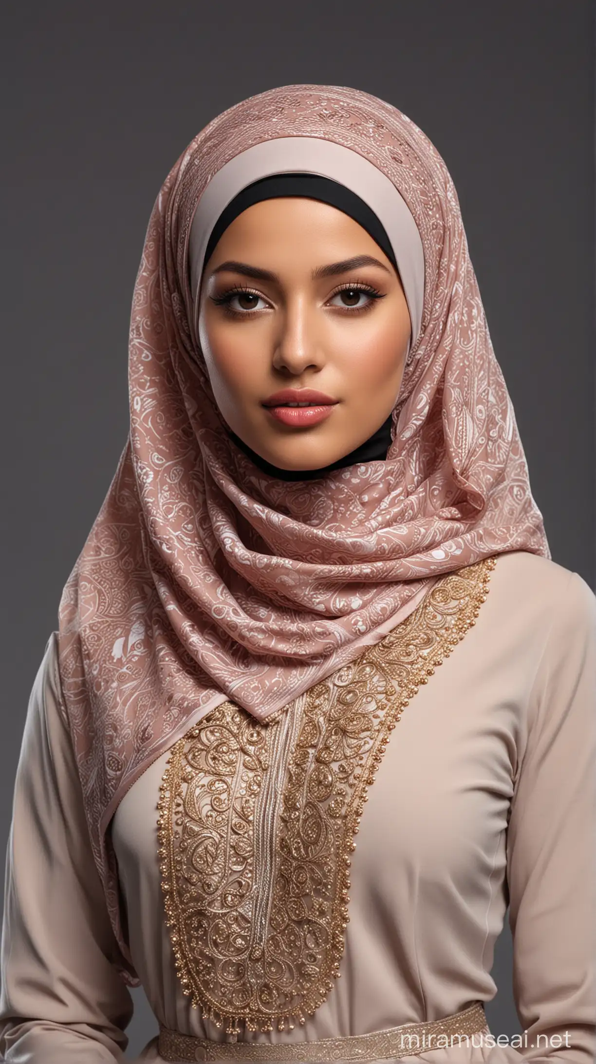 A photorealistic portrait of a 25-year-old an algerian brunette with normal neck length, full body, wearig a beautiful hijab fashion with Anniesa Hasibuan's runway showcase, featuring a stunning array of styles and modernity with different colors. Experience the fusion of elegance and modesty, where each ensemble is a unique work of art. Witness how the designer skillfully blends tradition with modernity to deliver looks that are both refined and contemporary. Get ready to be taken on a journey of beauty and style, where the hijab becomes a true expression of sophistication and individuality.


