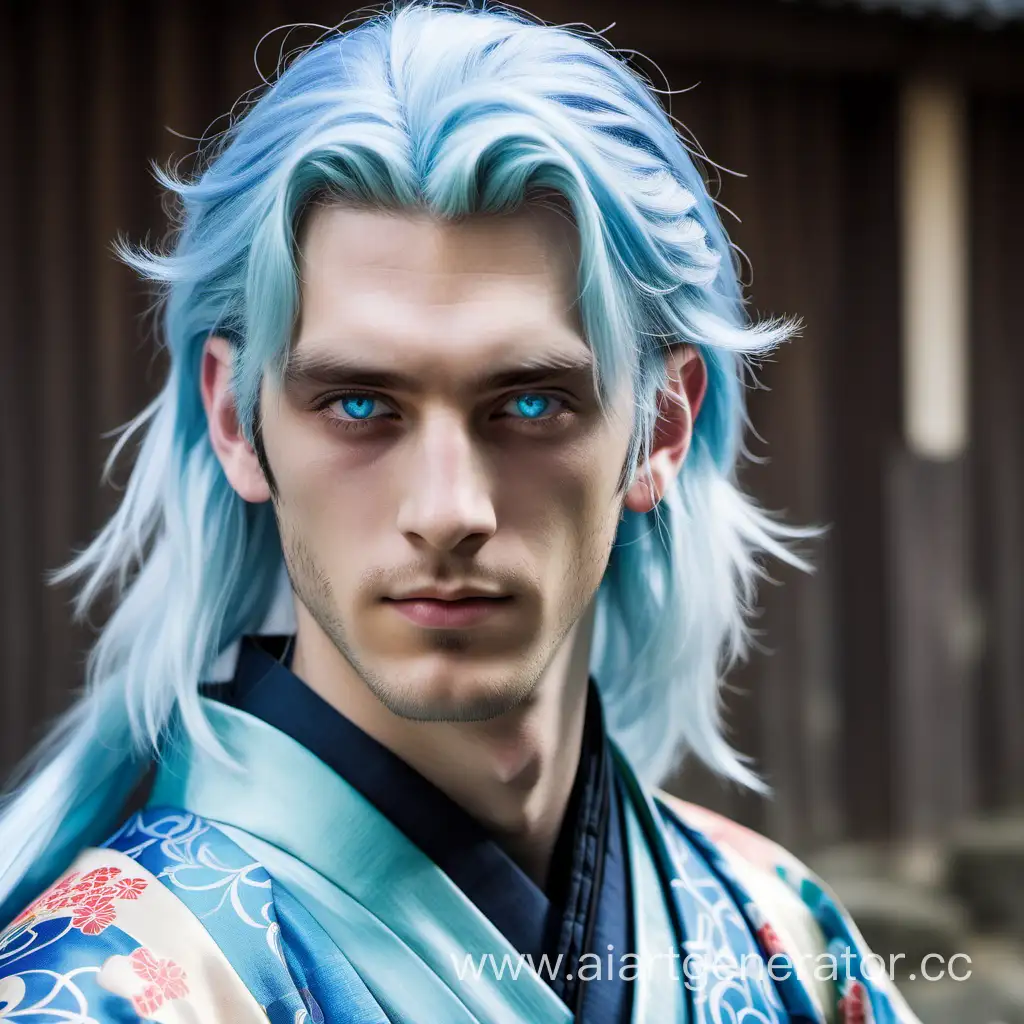 A 25-year-old man with long light blue hair and blue eyes, he is dressed in a medieval kimono, He has blue eyeliner under his eyes