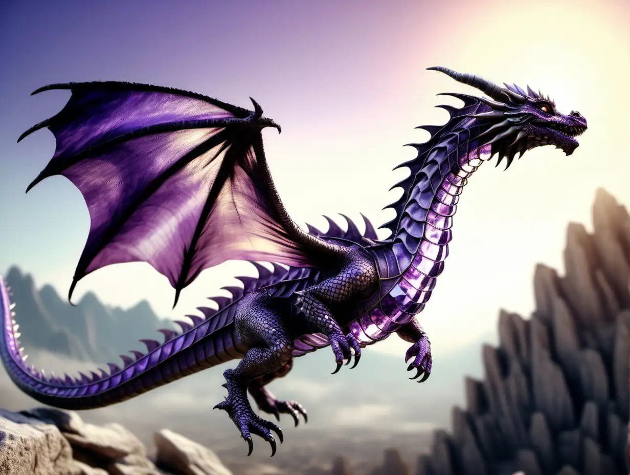 a photorealistic ancient living dragon with scales made of amethyst in flight, dslr, lens flair