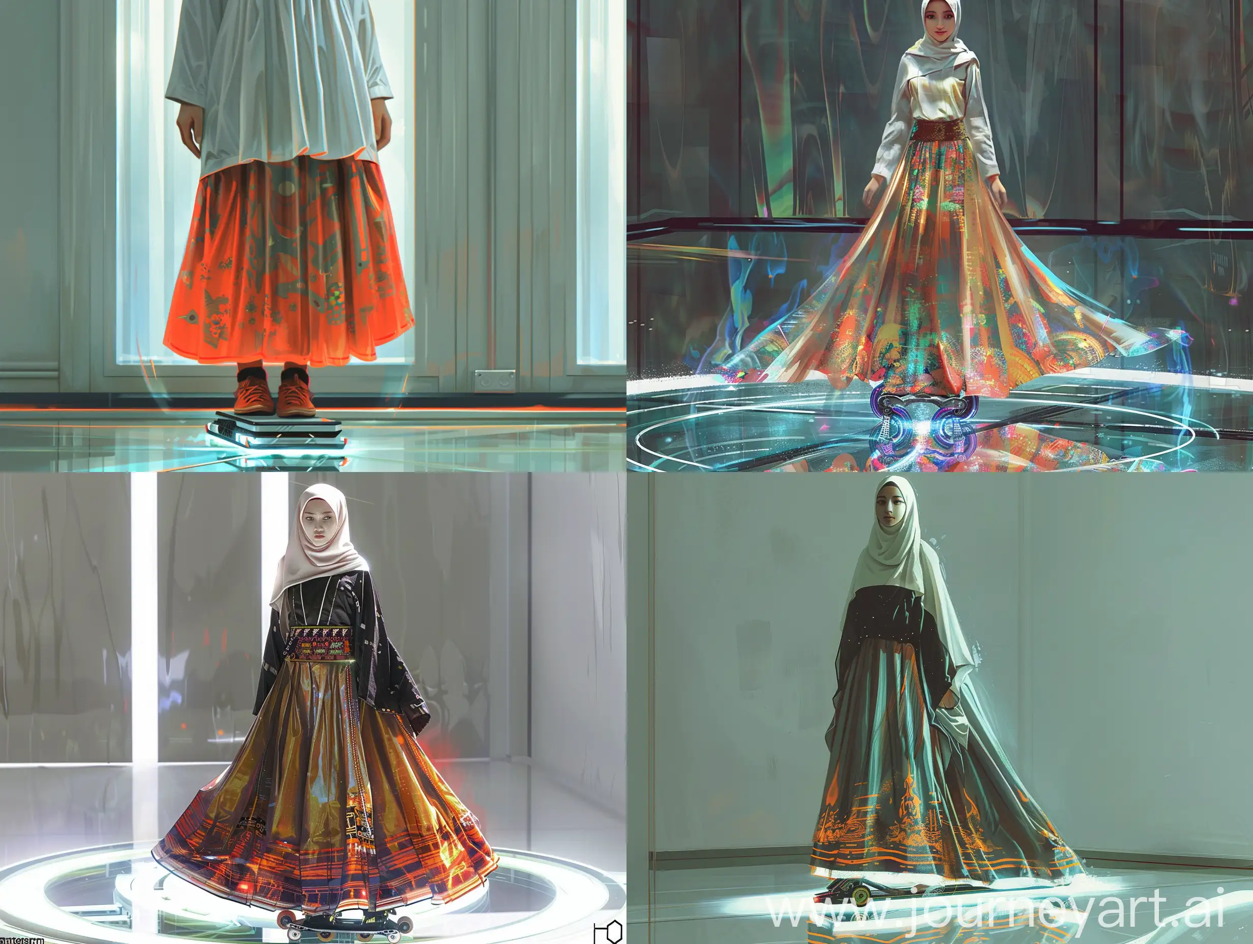 by Artgerm, digital painting, a 1800s ninja beauty young Indonesian muslim college girl in glass floor standing at a futuristic inline skate, simple minimalist futuristic design. Graphic scheme long skirt, with striking colors. the person's face is charming and looks at me, detailed, Japanese attire, swing lighting kusanagi sword bender technique.