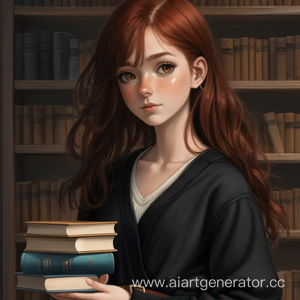 Девушка, тёмно-красные волосы и карие глаза, немного курносый нос, окружённый веснушками, на ней был чёрный кардиган и такие же чёрные штаны, завязанные большим поясом, она держит стопку книг